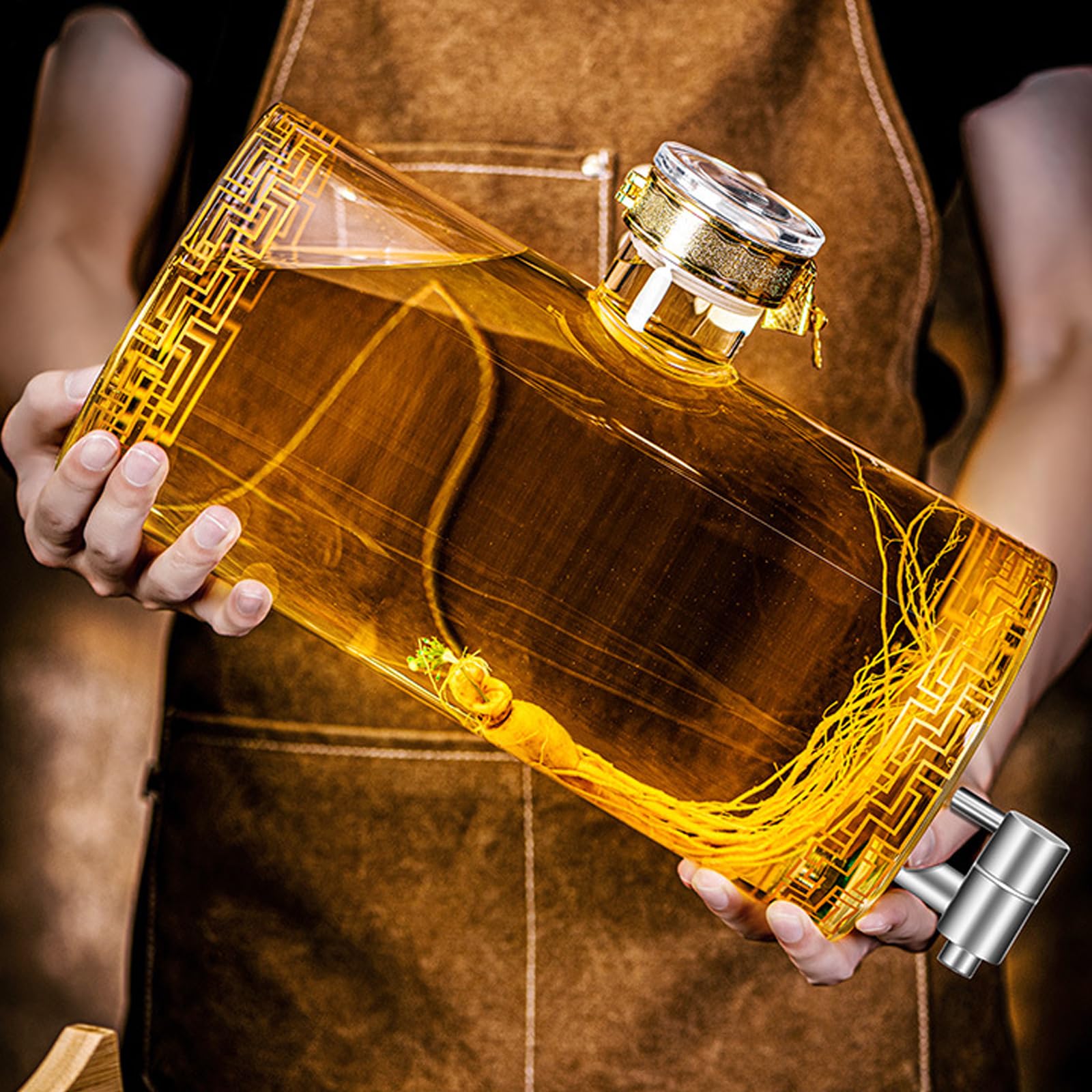 Glas Weinfass mit Hahn, Whisky Dekanter Set mit Ständer, Fassförmiger Getränkespender aus Glas 3-5L, Liquor Dispenser, Glaskaraffe Spender, Ausgießer, Spender für Whisky, Brandy, Säfte, Limonade (E)