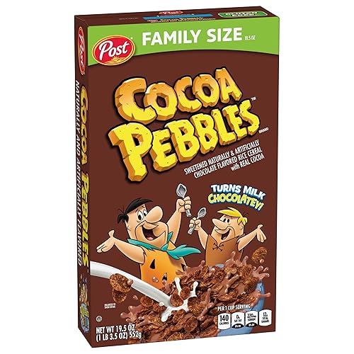 Vista 12 de Post Cereal de desayuno de Pebbles de cacao, sin gluten, cereales de arroz crujiente con sabor a cacao, aperitivos para el desayuno, 19.5 onzas