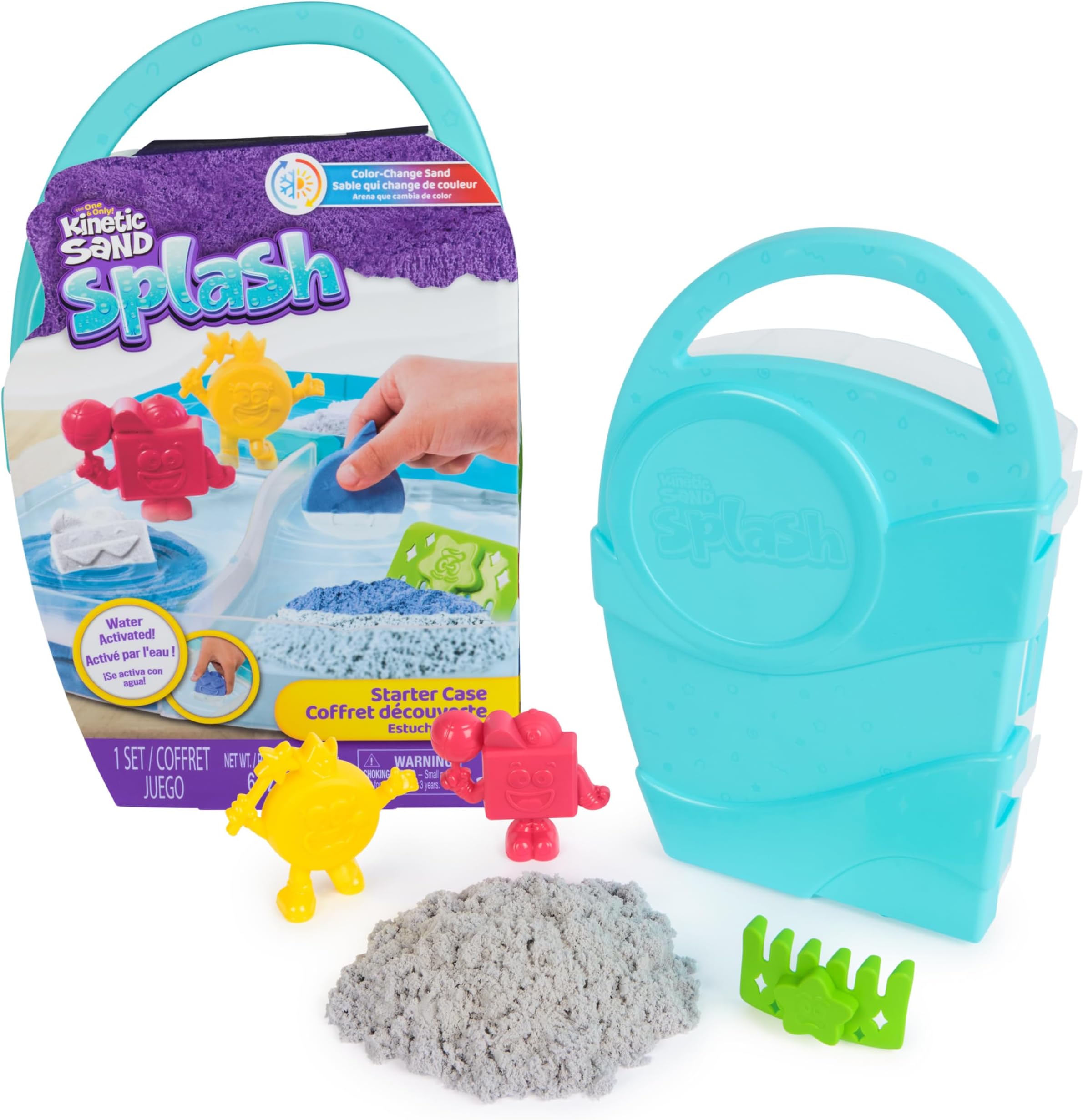 Kinetic Sand, Splash Starter Case with 6oz Color-Change Play Sand, 3 Tools & Molds, Reusable Storage, Sensory Toys for Kids Ages 3 and up