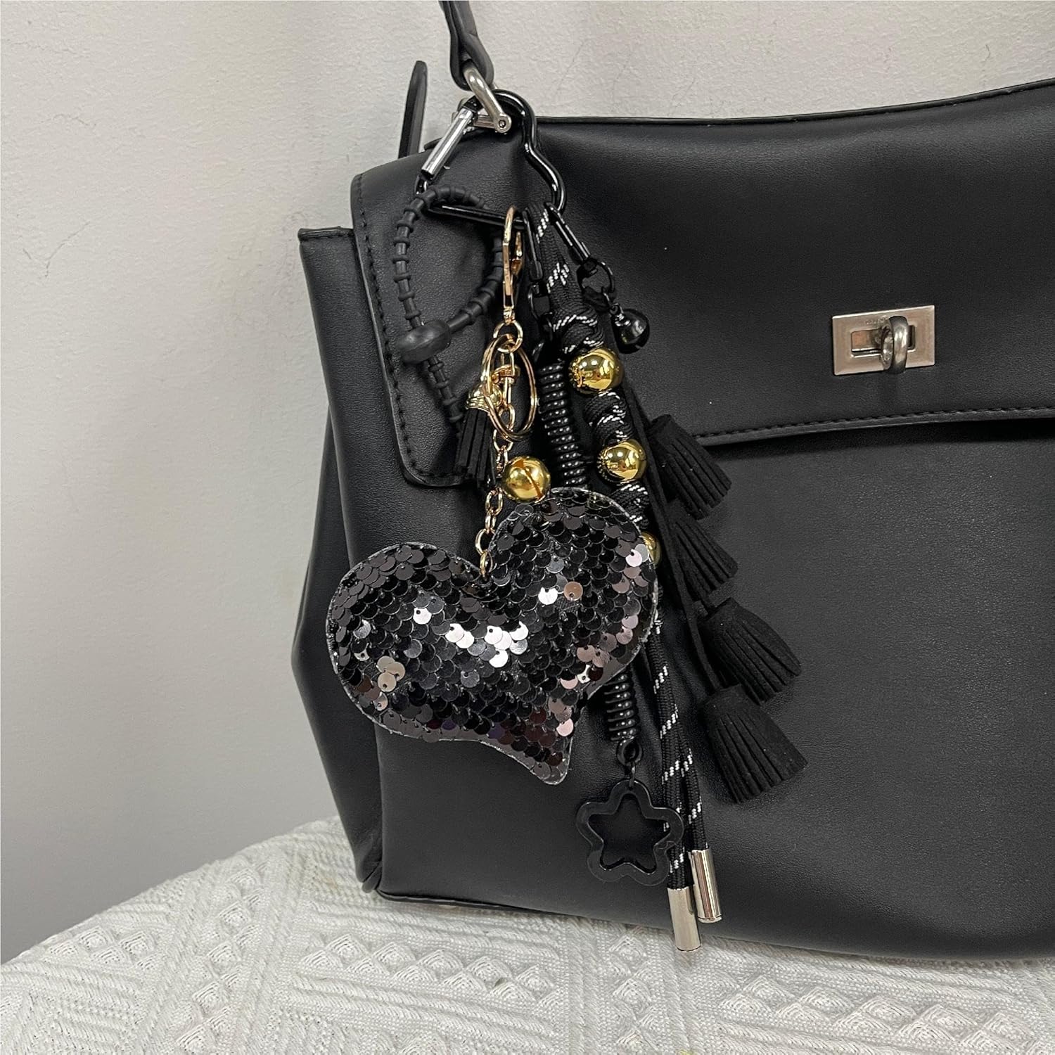 Black Tassel Sequins Heart Keychain for Women, Beaded Braided Rope Purse Charms for Handbag, Accessory Bag Charms for Tote Bag - Image 6