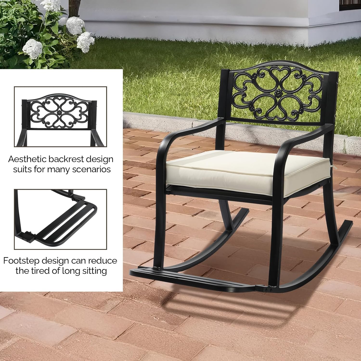 Outvita Outdoor Patio Rocking Chair, Wrought Cast Iron Furniture Chair with Padded Cushions, Metal Rocking Seat Chairs for Deck, Backyard, Garden(Flower Pattern)