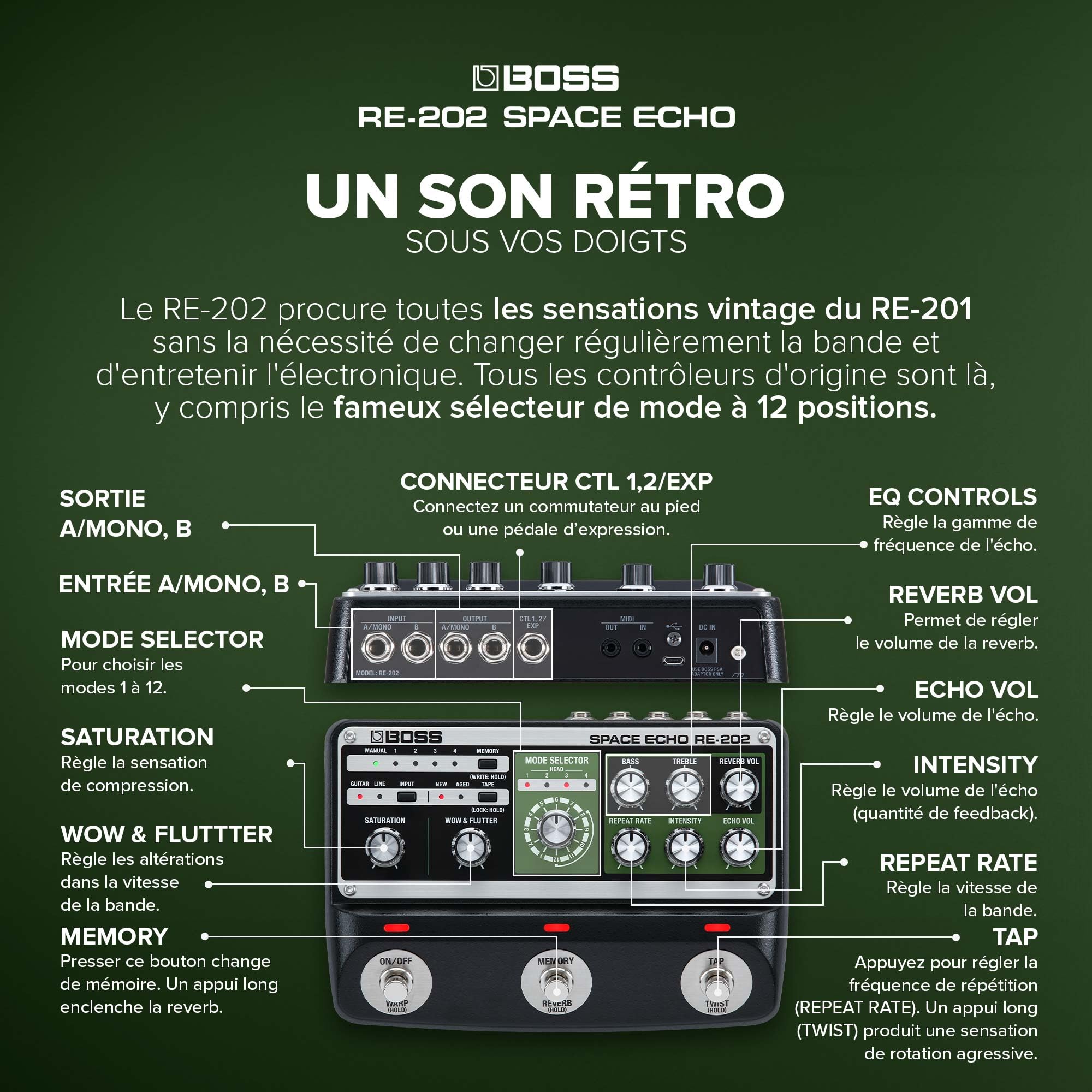 BOSS RE-202 Space Echo | Pédalier de delay, reverb et écho à bande | Une recréation moderne compacte du légendaire Roland RE-201 Space Echo | Véritable stéréo | Reverb à ressort