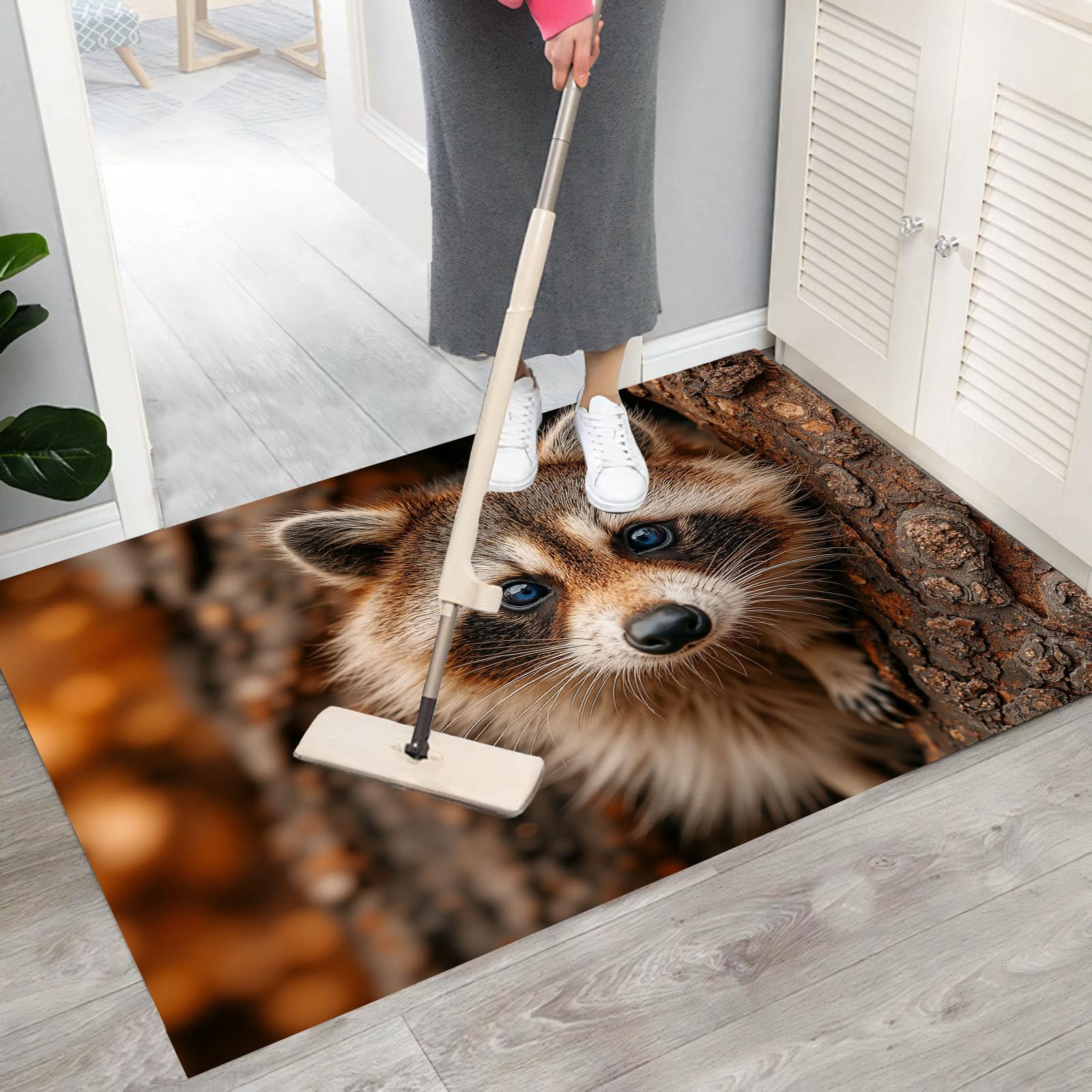 Natürliche Tiere Teppich, Realistisches Waschbärporträt Fussmatte Innen Waschbar Warmes Braun Teppich rutschfest Schlafzimmer Schmutzfangmatte Für Küche Flur Eingang Haustür - 90 X 150 cm