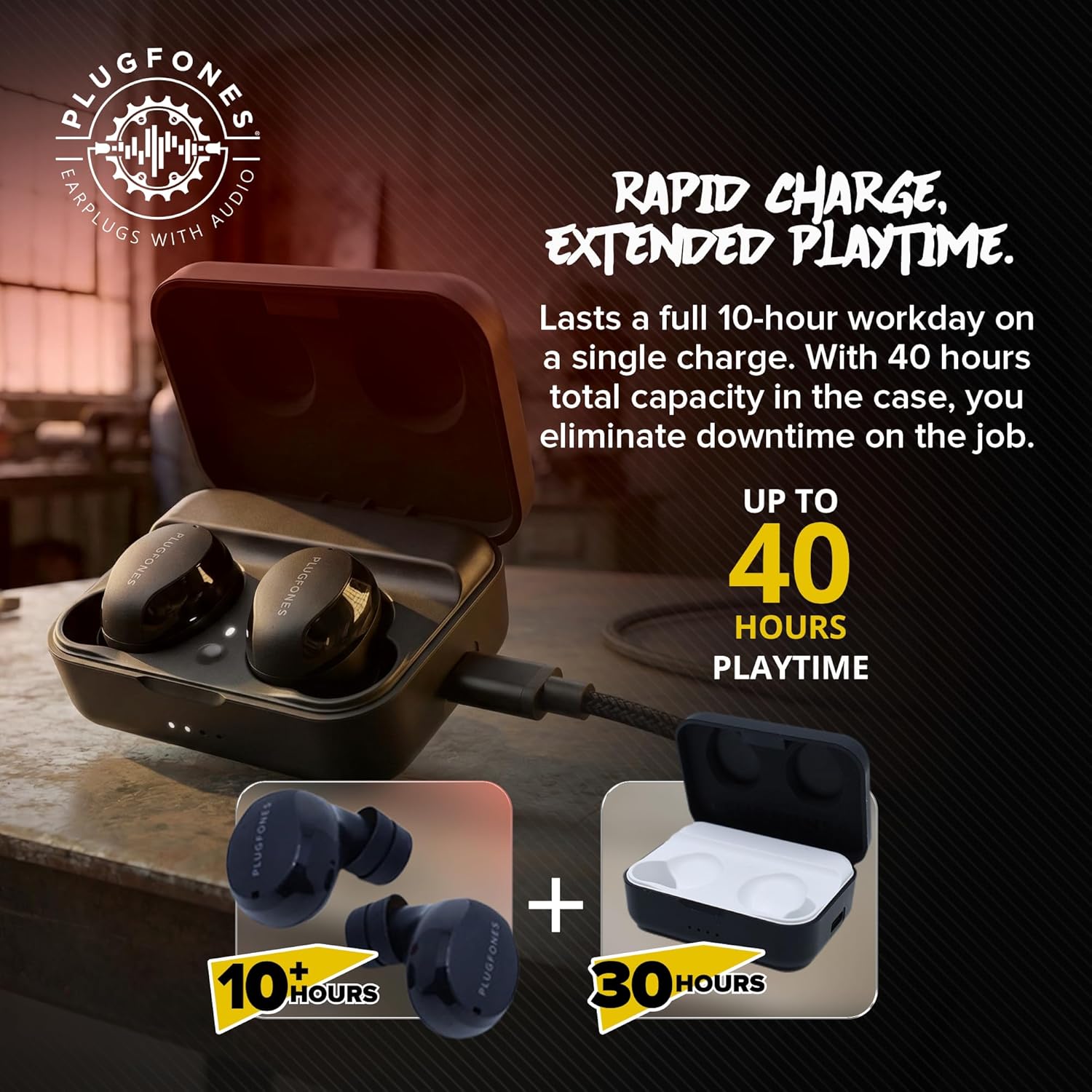 Plugfones Sovereign earplugs in their charging case, illustrating rapid charge and extended playtime.