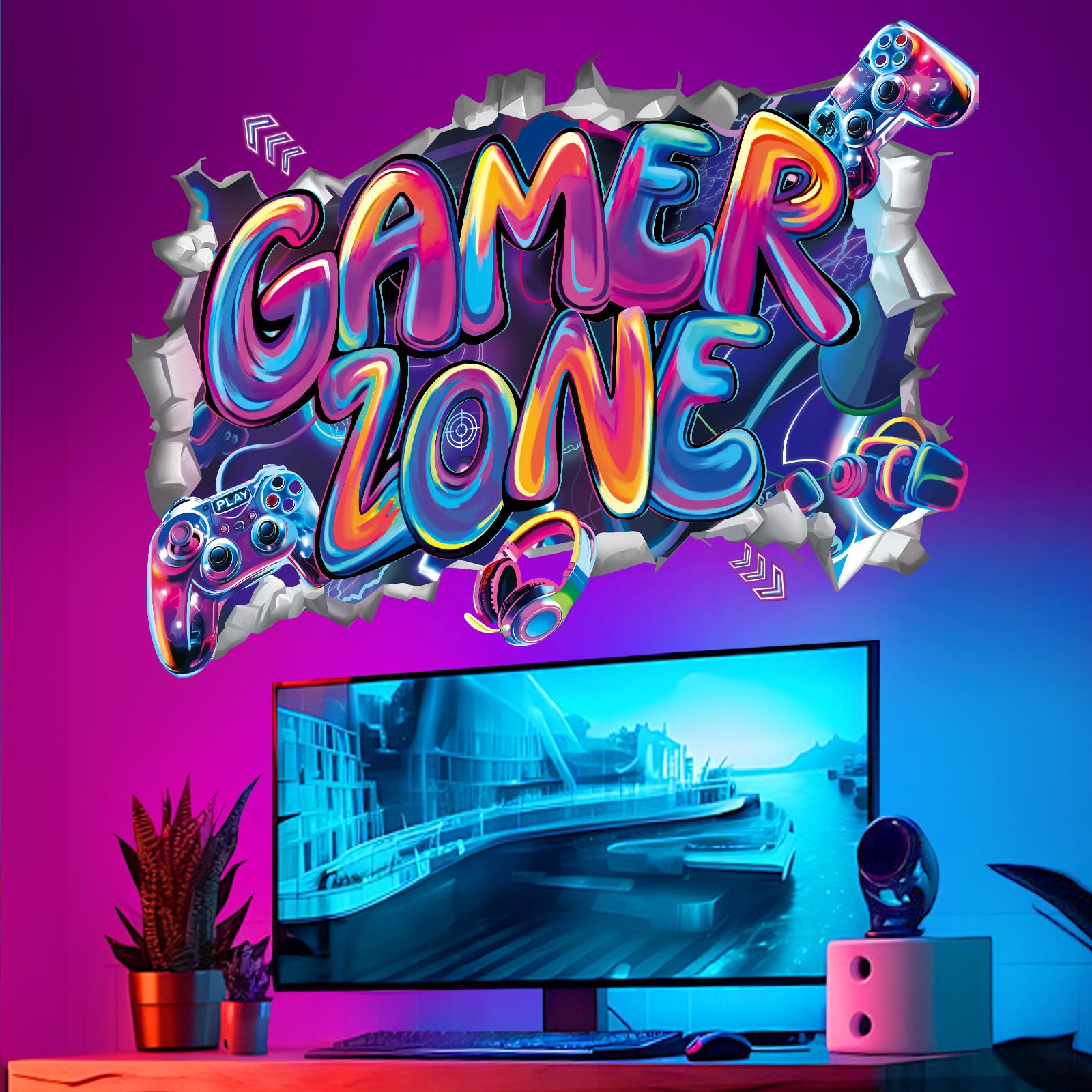 wondever Large 3D Game Wall Stickers Gamer Zone Video Gaming Graffiti Peel and Stick Wall Art Decals for Boys Bedroom Kids Room Playroom - Image 2