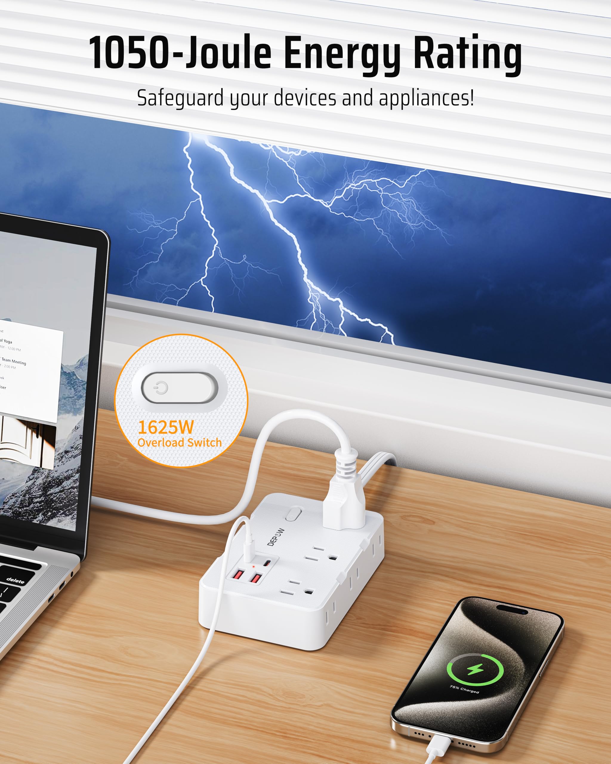 Steckdosenleiste mit 6 AC Steckdosen und 4 USB-A Ports, 45° abgewinkelte Steckdose Ladestation mit Netzschalter, 3 m Verlängerungskabel für Kreuzfahrten, Schlafzimmer,
