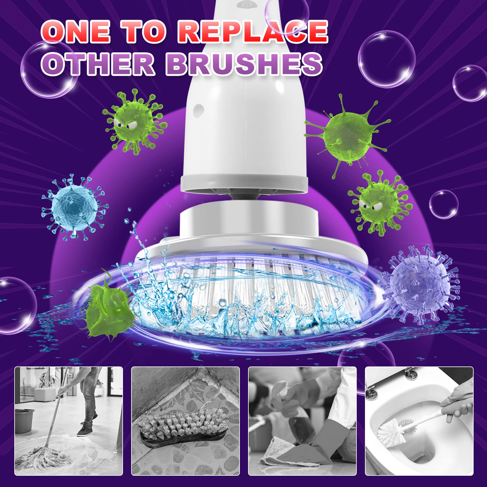 Rechargeable Electric Power Spin Scrubber with 7 Replaceable Brush Heads, Cordless Electric Shower Scrubber with Adjustable Extension Long Handle for Bathroom
