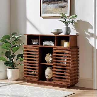LKTART Sideboard Buffet Cabinet with Solid Wood Sliding Doors,Farmhouse Narrow Entryway Cabinet with Open Storage,Slim Cabinet for Small Spaces,Hallway (Walnut 36.8")