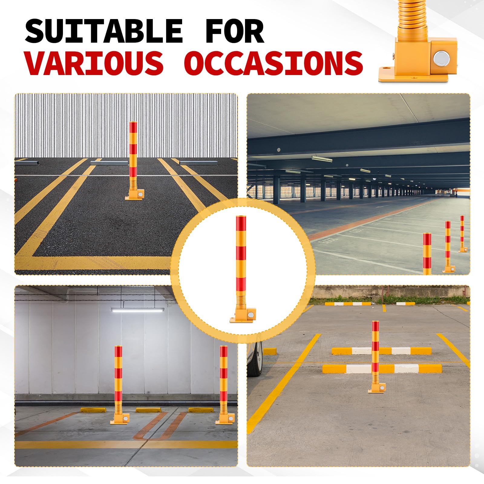 Zonon Poteau de stationnement à ressort pliable en métal lourd avec bandes d'avertissement, borne intercepteur pour zones sensibles à la circulation