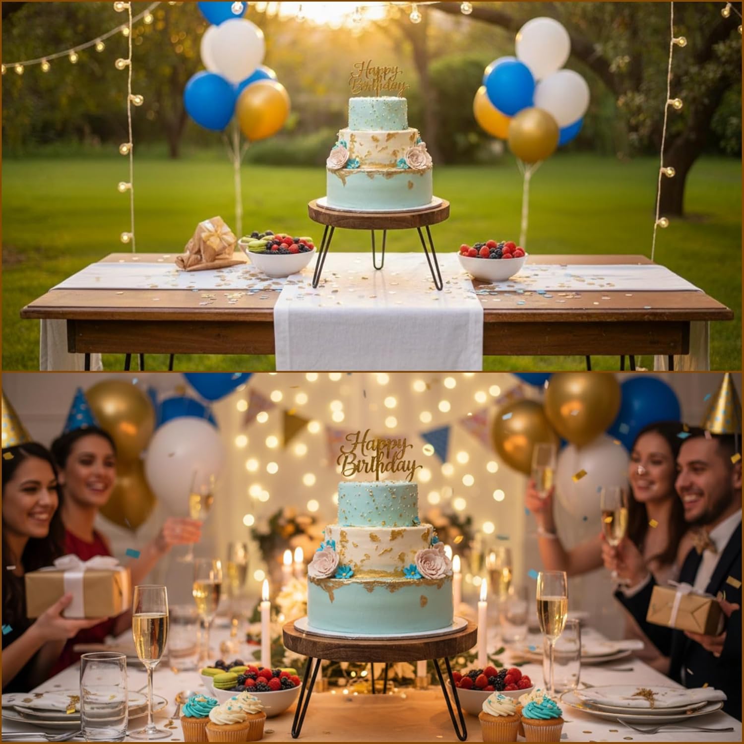 Wooden Cake Stand Set of 3 - 8 10 12 Inch Cake Pedestal with Metal Legs, Wood Dessert Table Display Stand Tiered Cupcake Holder Serving Platter for Wedding Baby Shower Birthday Party Table Decoration