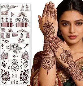 Tatuagens temporárias florais de renda marrom com 8 peças – Arte corporal estilo indiano Boho para mãos, braços, festivais, casamentos, festas