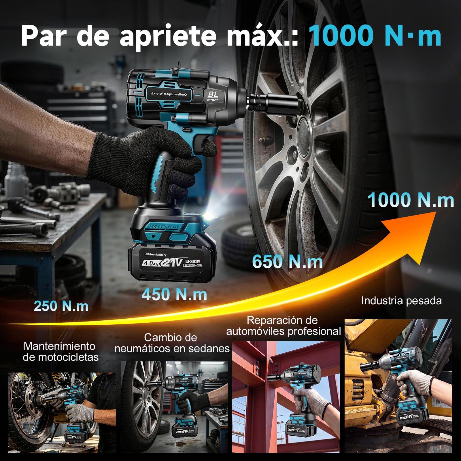 YEARTOP Pistola de Impacto a Batería Aflojado 1200 Nm con 2x 4.0Ah Baterías