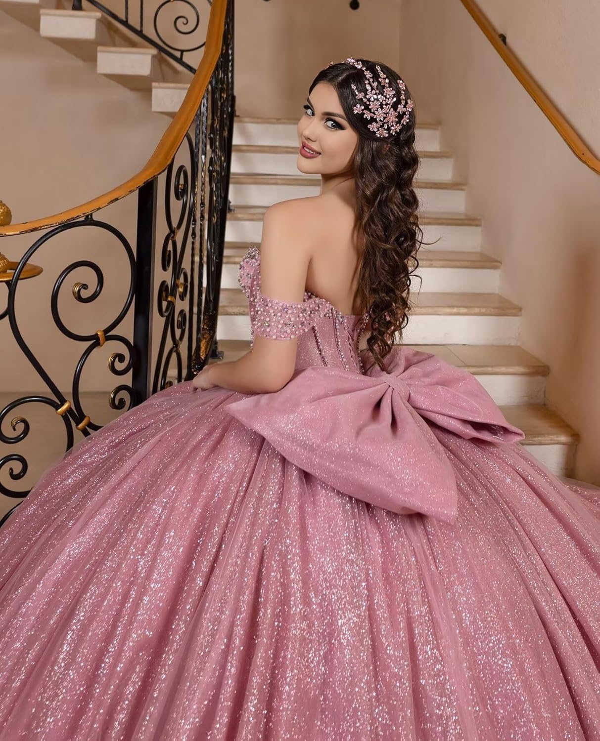 Vestidos de quinceañera con Brillo Lazo abullonados Cuentas Hombros Descubiertos Elegantes Vestidos de 16 años MT056