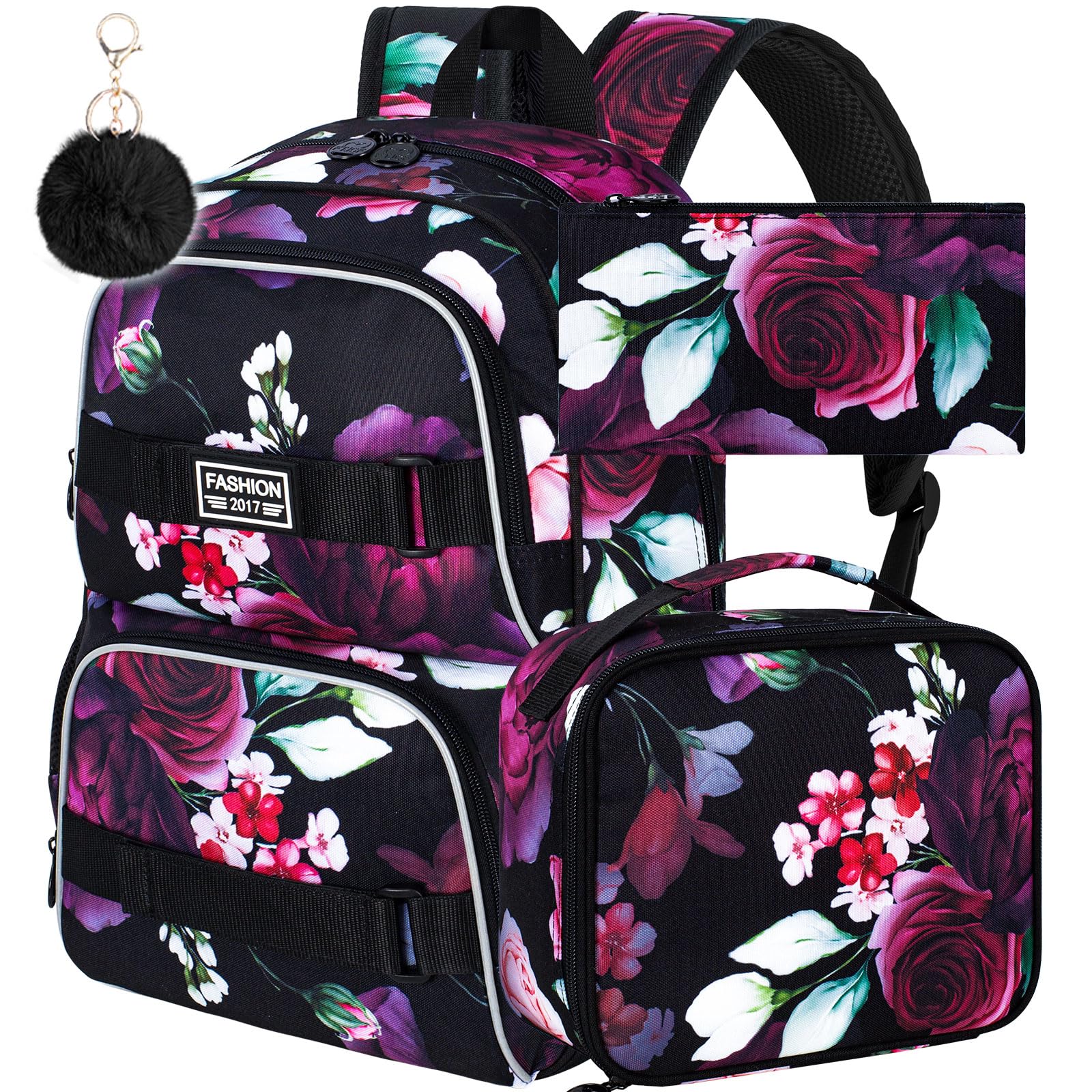 FTJCF 17 Inches Backpack for Girls Women, 3Pcs Rose Laptop Backpacks with Lunch Bag, Water Resistant College School Bookbag Set for Teens Students(