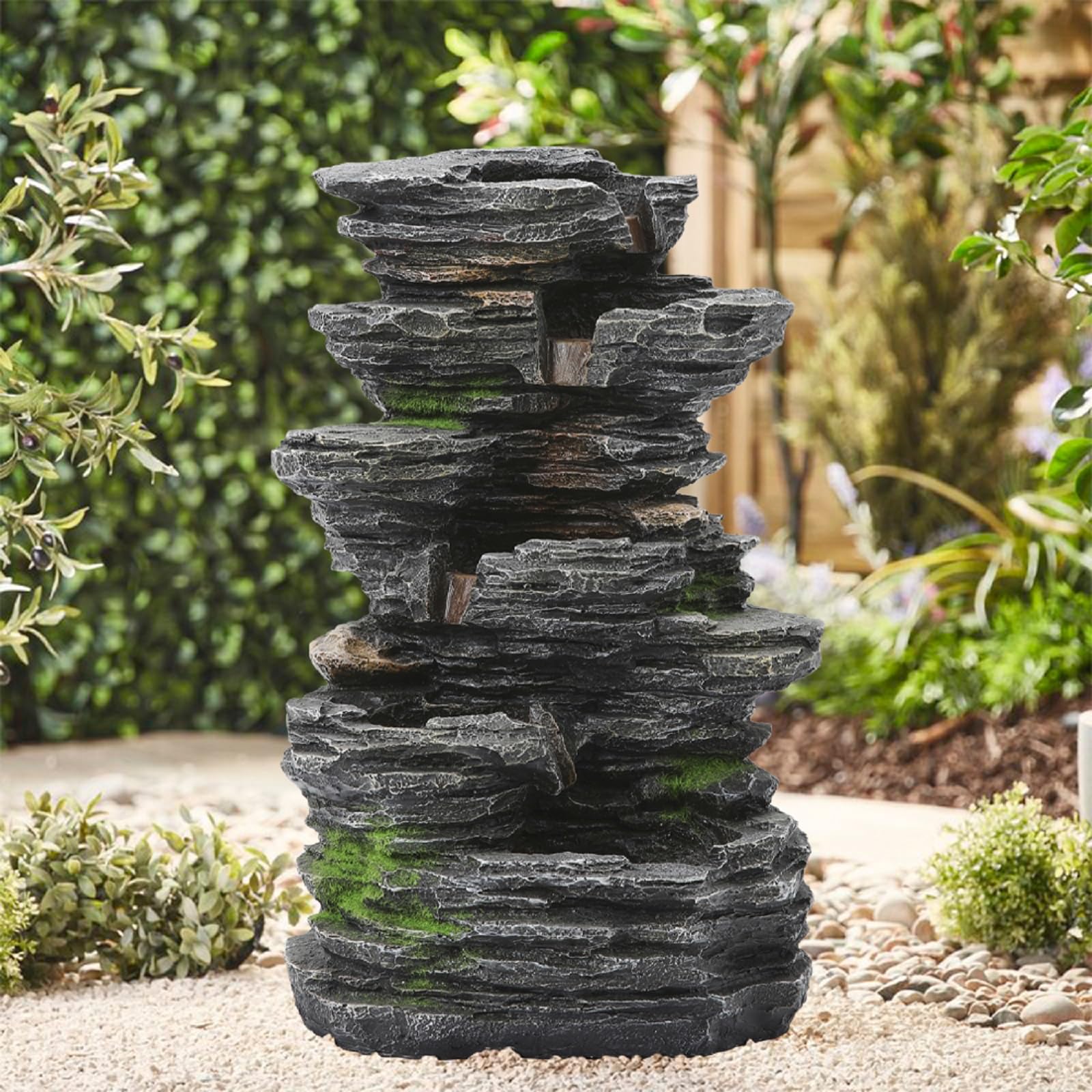 BTGGG Solar Brunnen für Draussen,Natürlicher kaskadierender Felsen Solar Springbrunnen für Außen mit LED-Beleuchtung,Groß Gartenbrunnen Solar Wasserspiel für Garten Terrasse und Balkon