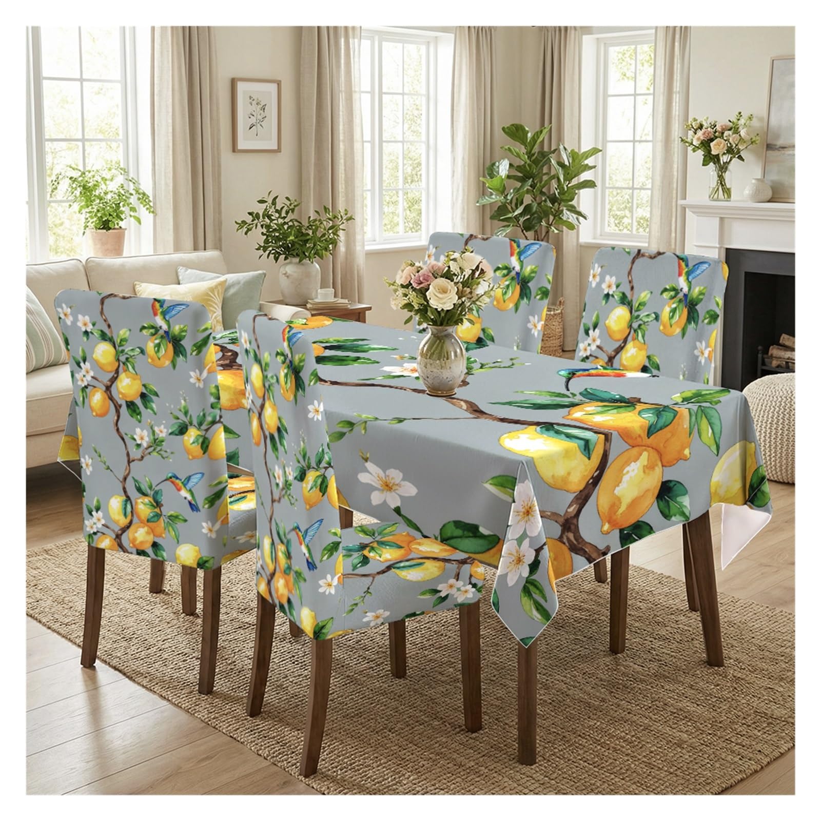 BOSUYBN Lemon Branch Hummingbird Dining Tablecloth & Chair Covers Set, 5/7 Piece Tropical Summer Boho Farmhouse Dining Decor Table Setting(5pcs Set: Tablecloth+Chair Covers)