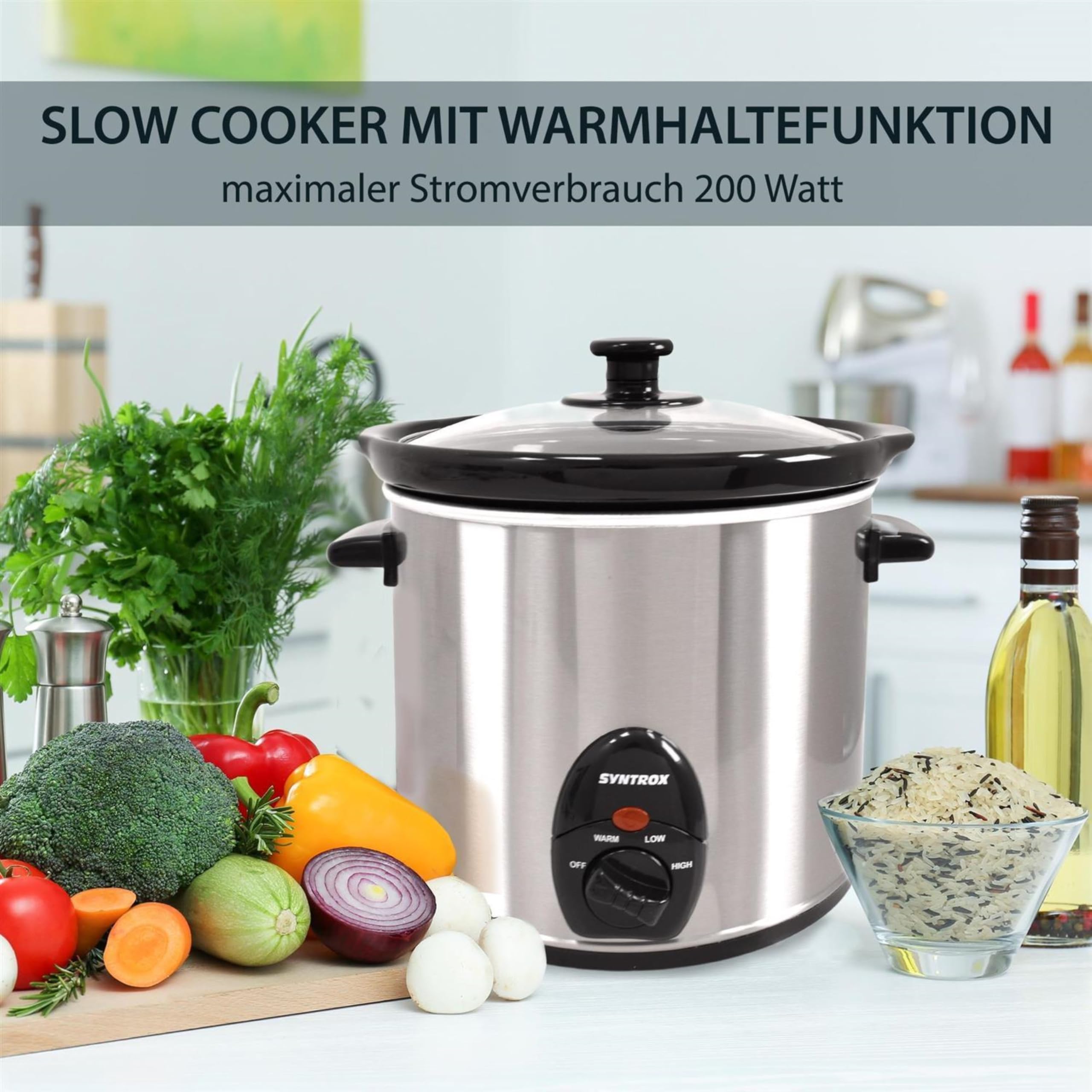 Syntrox Germany 3,0 l Slow Cooker | Schmortopf | Schongarer | Multikocher Delira, Edelstahl, Warmhaltefunktion, Keramik Servierschüssel, rutschsichere Standfüße, Spülmaschinengeeignet