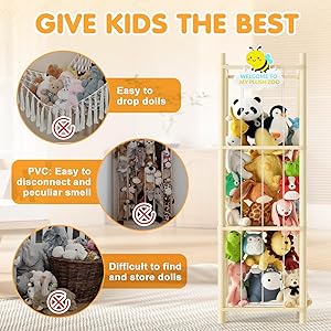 Hsenowi Stuffed Animal Storage Zoo Organizer Natural Pine Plushies Storage with Elastic Bands Vertical Wood Toy Holder Mesh Net Space Saving Design for Playroom Nursery Kids Bedroom