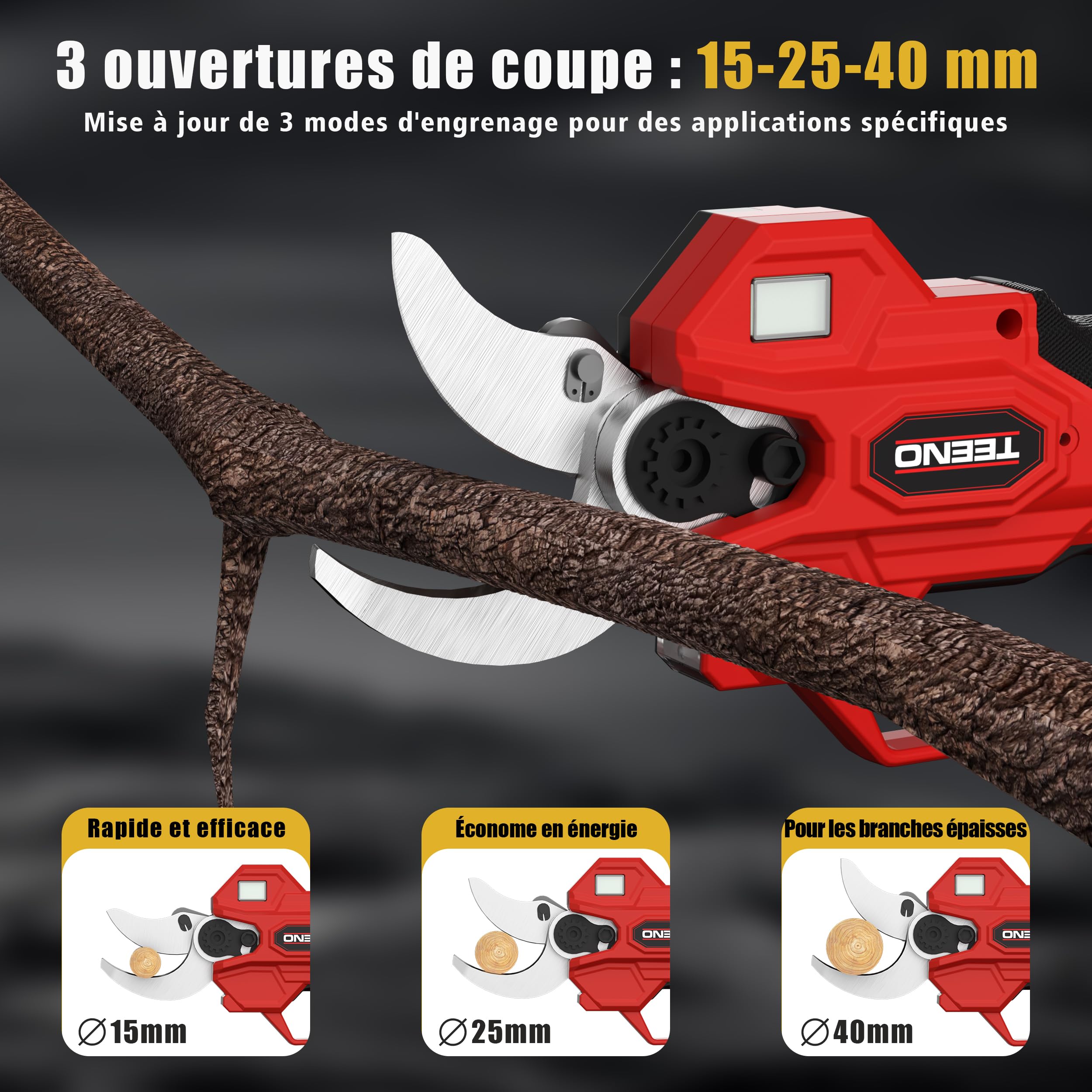 TEENO 2-en-1 Sécateur électrique avec perche télescopique, 40MM Secateur electrique sans fil 4000mAh avec Écran, 2 Batteries de 2.0Ah, our le jardinage, les arbres fruitiers