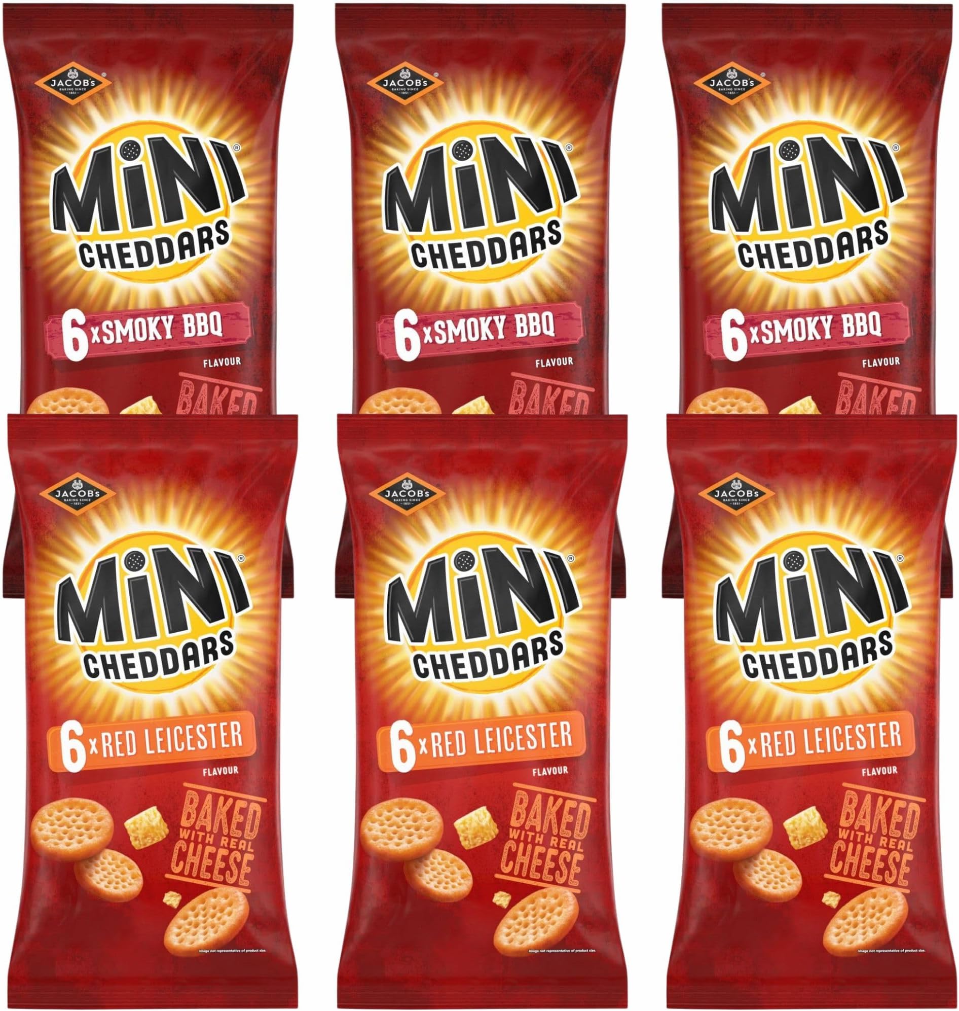Mini Cheddars Red Leicester 6 Pack x3 & Mini Cheddars Smokey BBQ x3 (6 Pack Mixed Bundle)