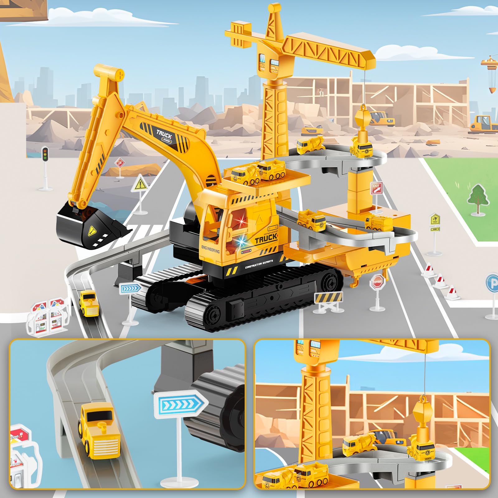 Aragallant Camión Excavadora Juguete, 2 en 1 Juego de Juguetes Camión de Construcción, Juguete de Grúa Excavadora con Luces, Música, 8 Minivehículos y Pista, Regalo de Cumpleaños para Niños