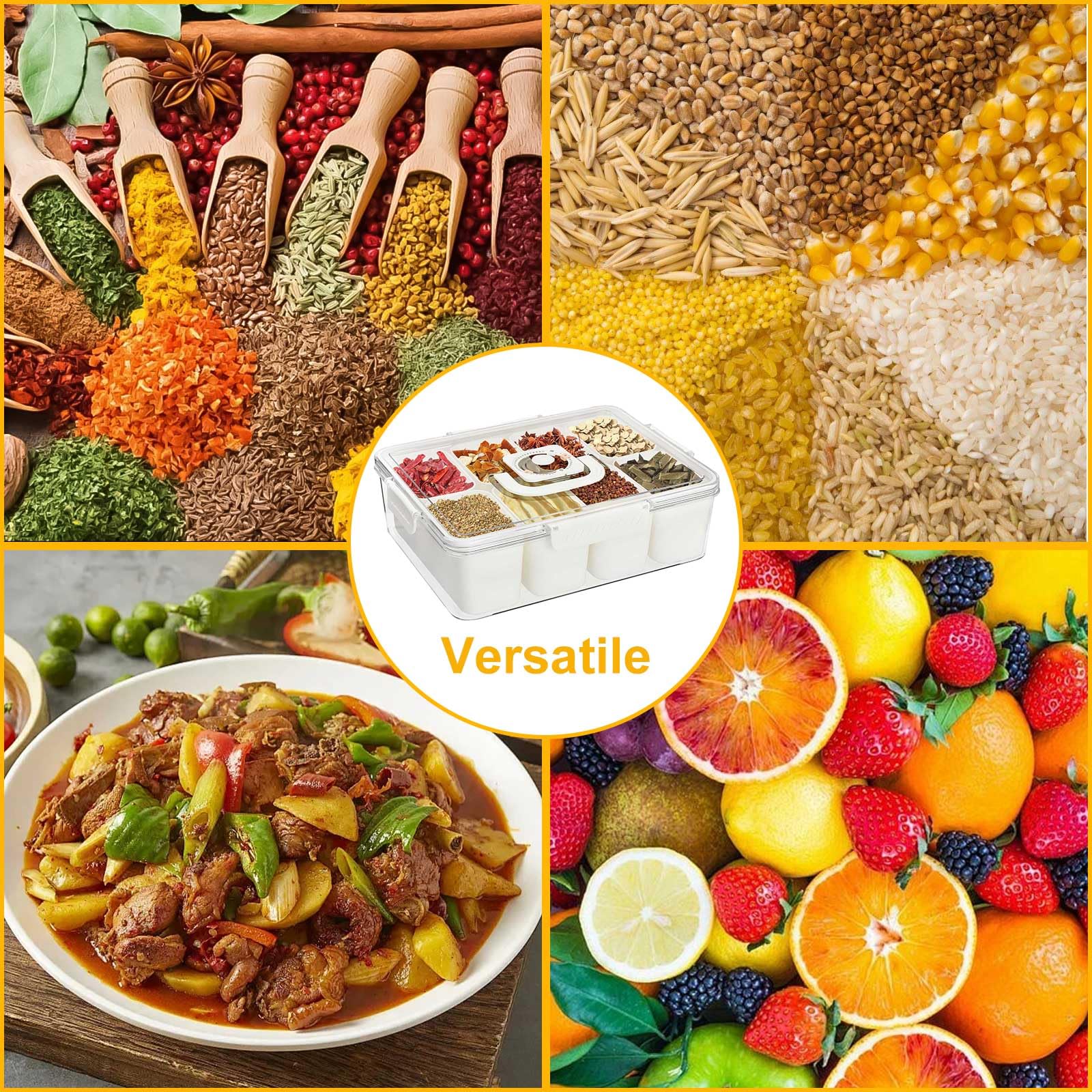Bandeja de servir dividida con tapa y asa, contenedor portátil para aperitivos con 8 compartimentos extraíbles y temporizador para mayor frescura, ideal para fiestas, camping, viajes y aperitivos