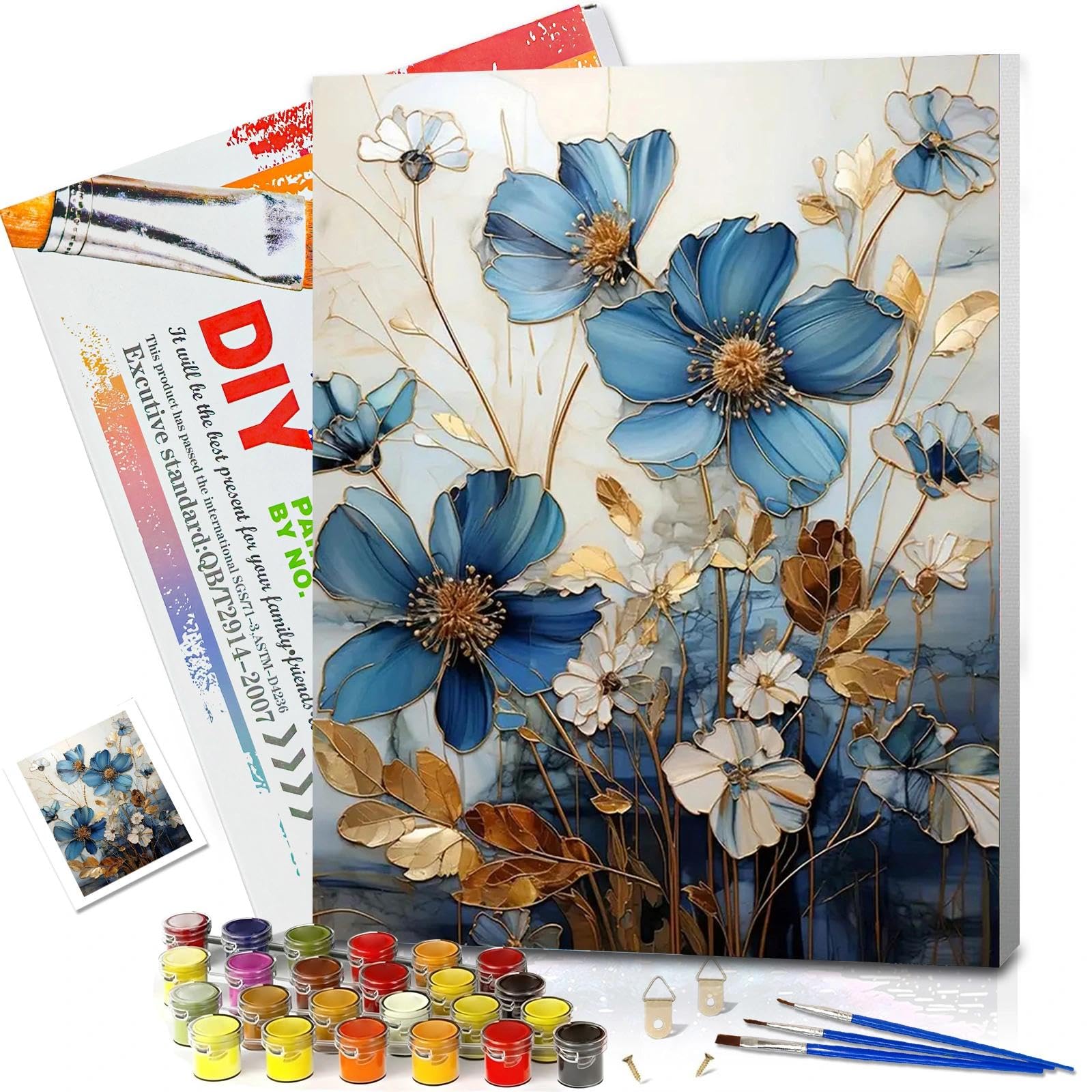 Jatok Indigo Paint By Numbers For Adults With Frame, Painting Kits For Beginners On Colored Canvas, Easy Diy Acrylic Pigment Drawing Paintwork For Home Wall Decor, 30X40cm/12X16in, Flowers