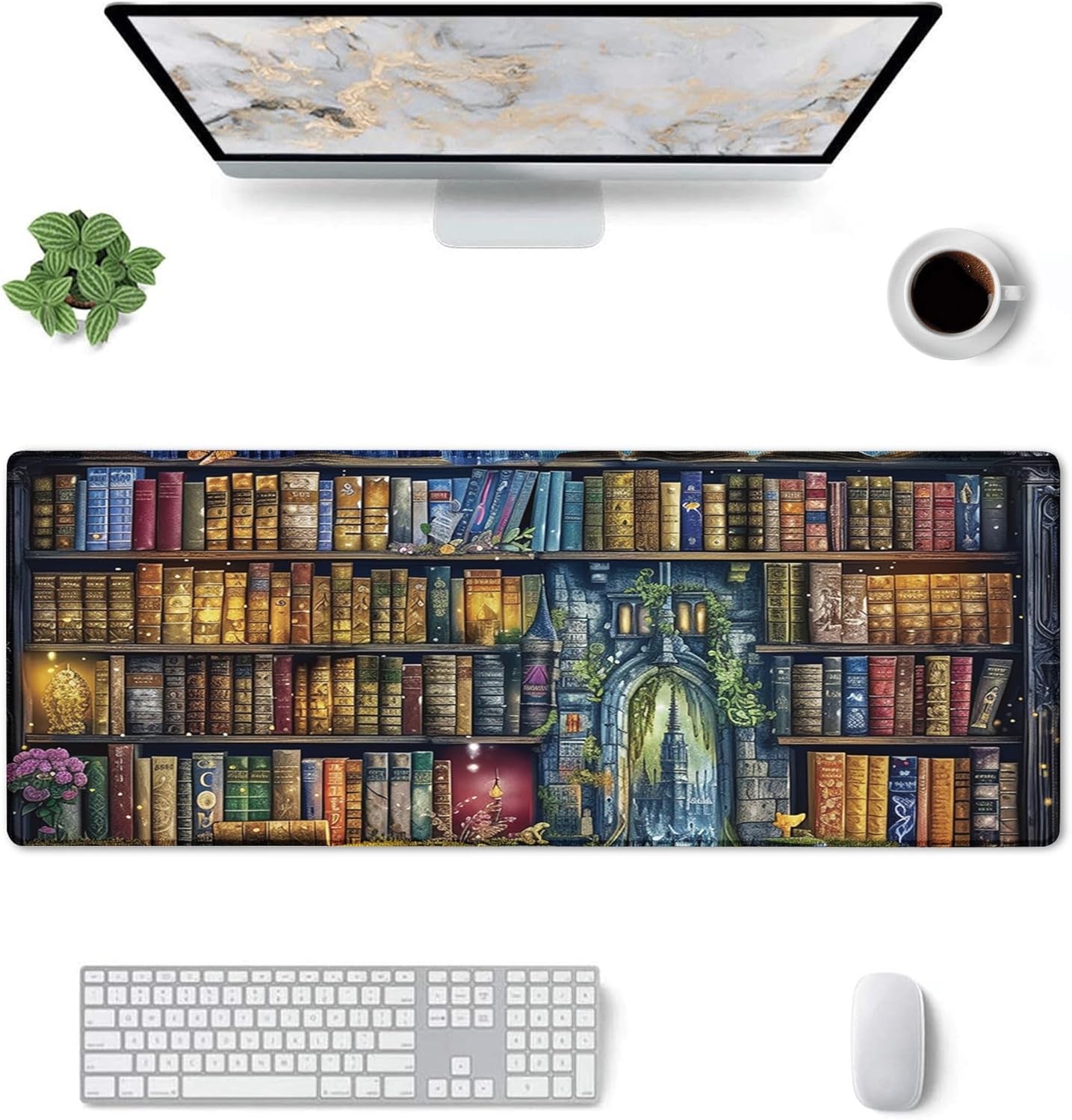 Library Mouse Pad Mat Bookcase Castle Butterfly Books Fairy Flower Botanical Designs Sparkly Blue Rubber Non-Slip Waterproof Decorative Office Desk Company Home Mousepad for Laptop Gaming 31.5x12 Inch