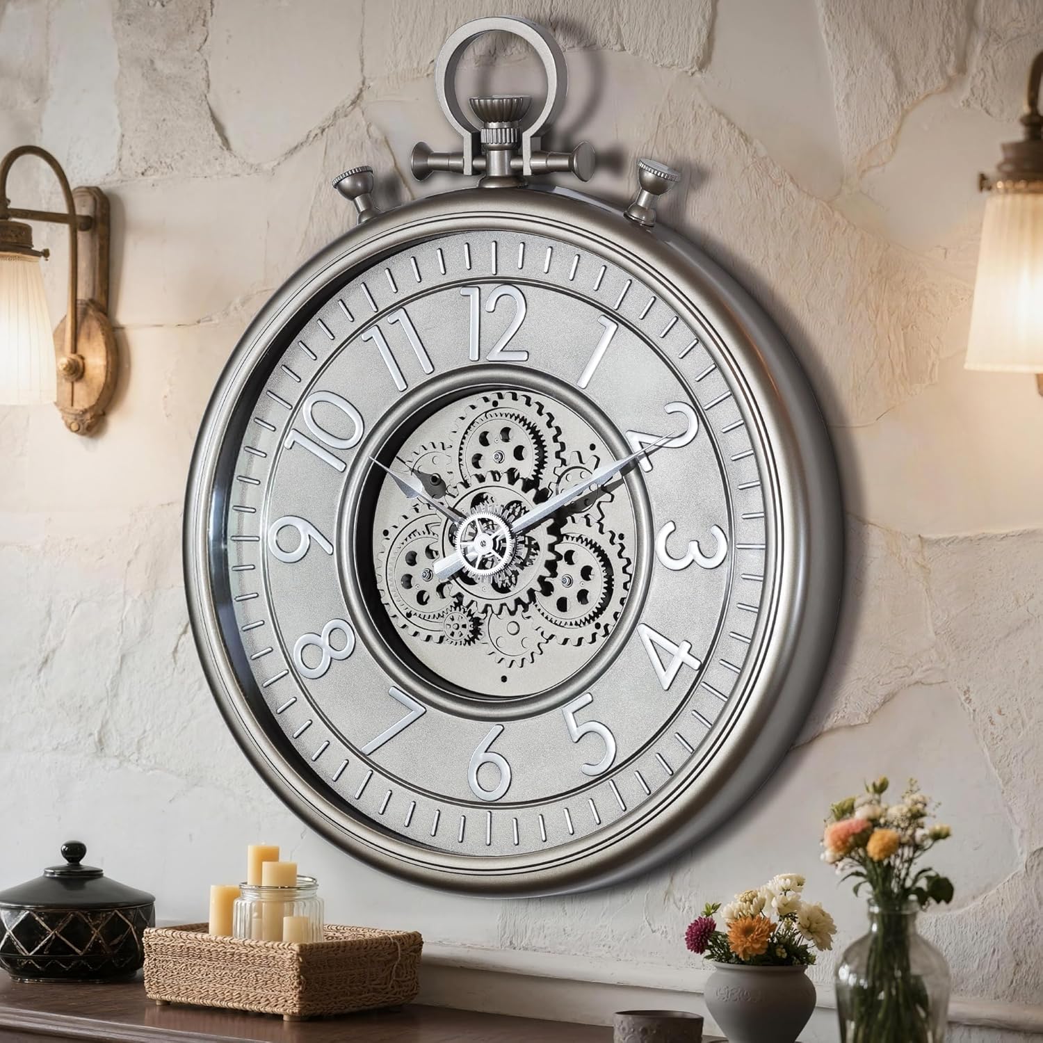 AYRELY® 24IN Decorative Moving Gear Large Wall Clock, Oversized Industrial Steampunk Gears, Big Numerals Wall Clock for Modern Living Room Decor (Silver)