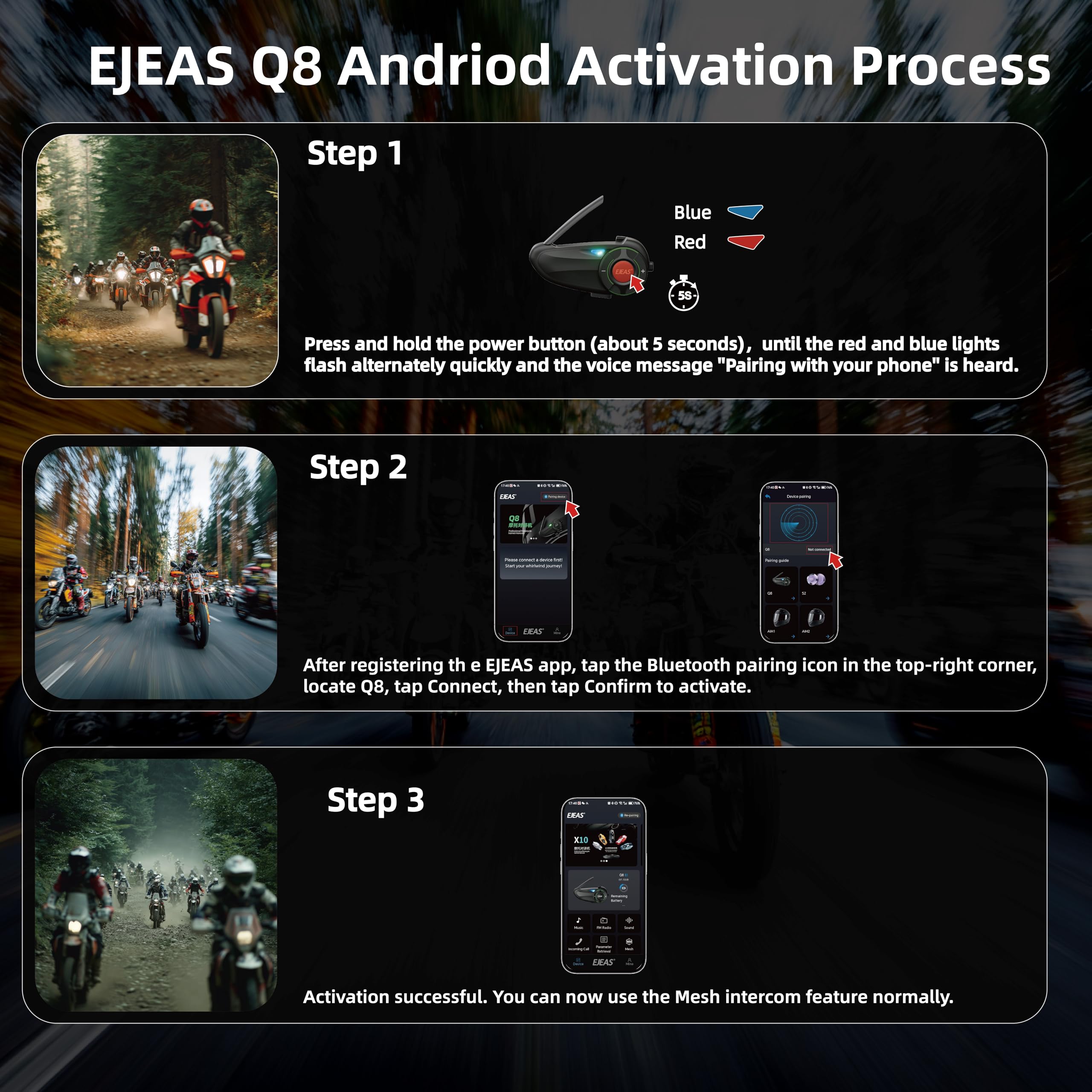 EJEAS Q8 - Cuffie interfono Bluetooth 5.1 per moto, con condivisione della musica e riduzione del rumore CVC, per 6 ciclisti in rete, confezione da 2