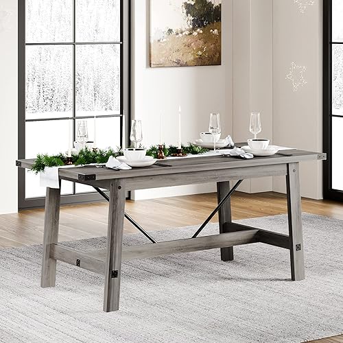 Miniatura 8 de WAMPAT Mesa de comedor de granja para 4 a 6 personas con patas de madera resistentes, mesa de cocina rectangular de madera moderna de 67.7 pulgadas