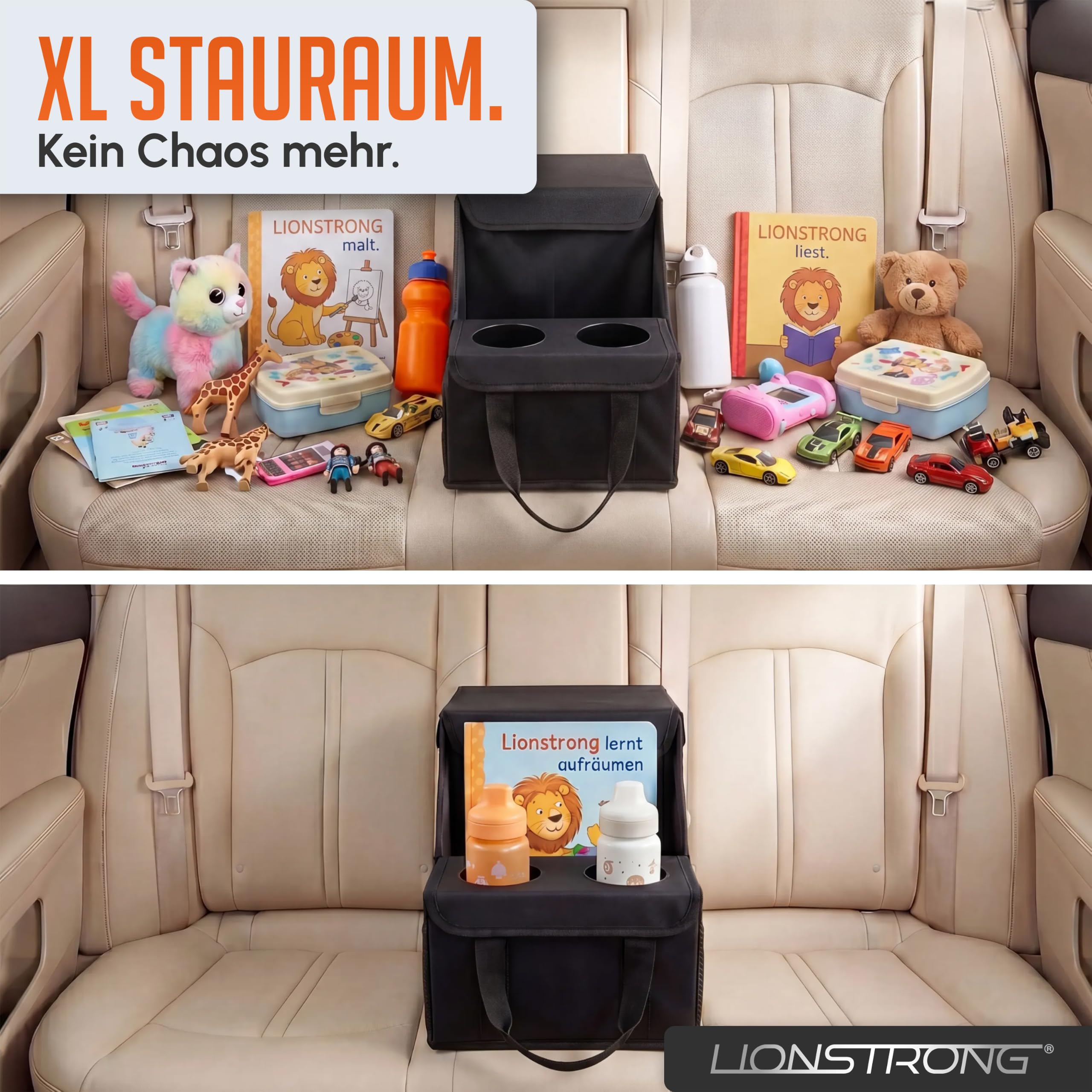 LIONSTRONG® Auto Organizer [EXTREM STABIL DURCH KUNSTSTOFFPLATTEN] - Universeller Rückbank Organizer für den Rücksitz & Beifahrersitz - Ideal für den Urlaub, viel Platz für Spielzeug - Wasserabweisend