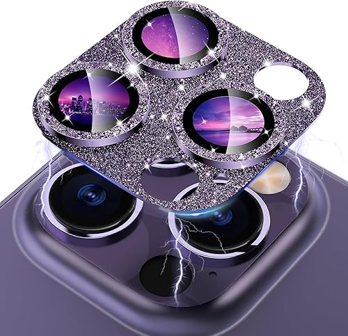 Miniatura 1 de CloudValley Protector de lente de cámara con purpurina para iPhone 14 ProiPhone 14 Pro Max, vidrio templado 9H diseño todo en 1, compatible con