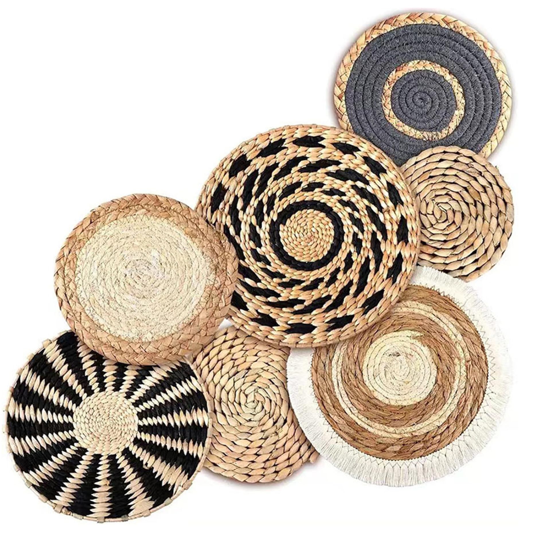 Grtheenumb Wall Sculptures|Round Woven Wall Decor 7Pcs Rattan Flower Boho Decor Natural Rustic Woven Basket Boho Art for Bedroom, Living Room, Bathroom