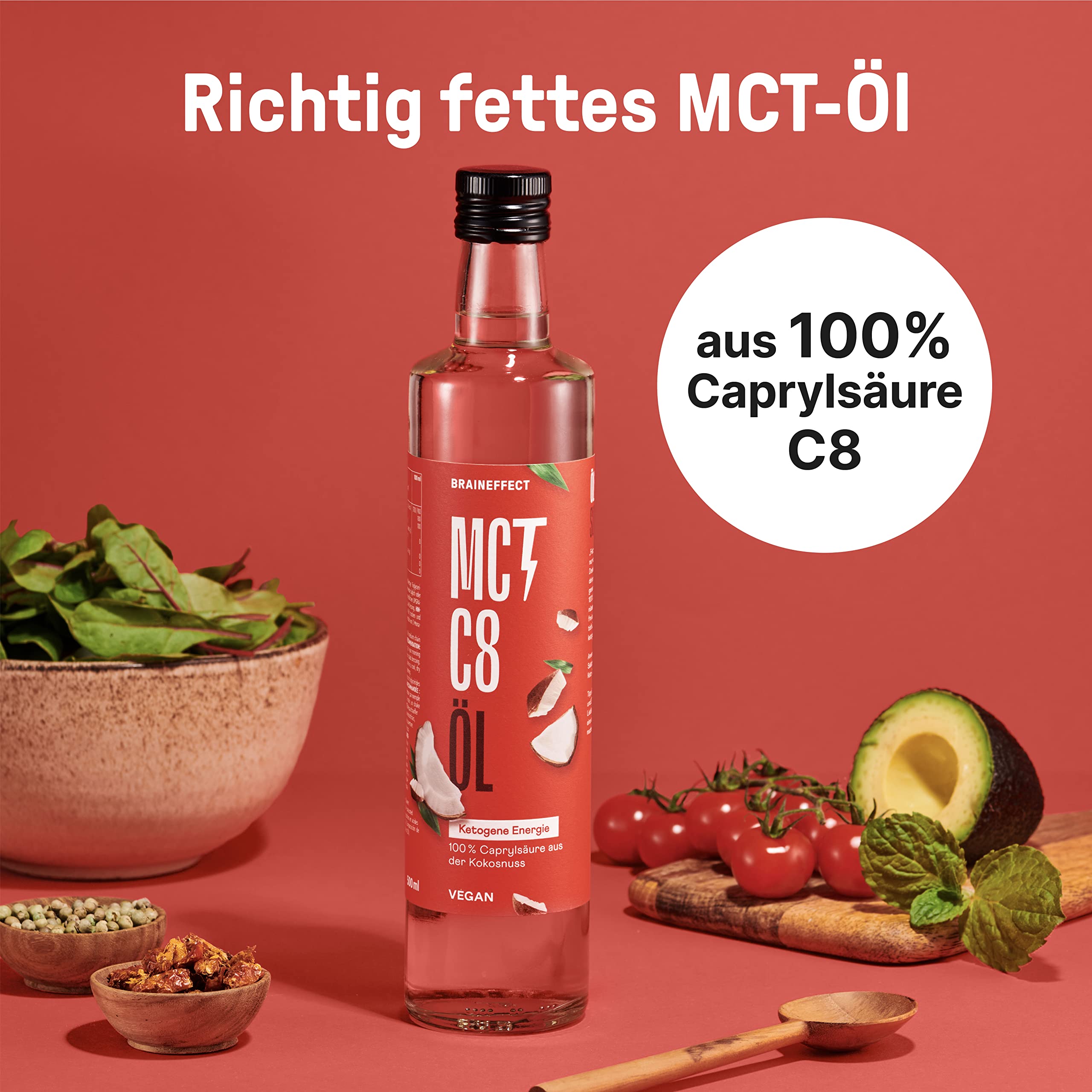 BRAINEFFECT MCT-Öl C8 - Bildet 300% mehr Ketone als andere MCT-Öle (100% C8) - Ketogene Ernährung - Reiner Extrakt aus Kokosnussöl - Ideal für ketogene Diät & Bulletproof Coffee