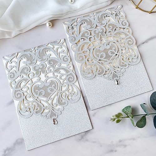 Miniatura 4 de Hosmsua 5.1 x 7.3 pulgadas, 50 tarjetas de invitación de boda con purpurina plateada con diamantes de imitación cortados con láser, invitación de