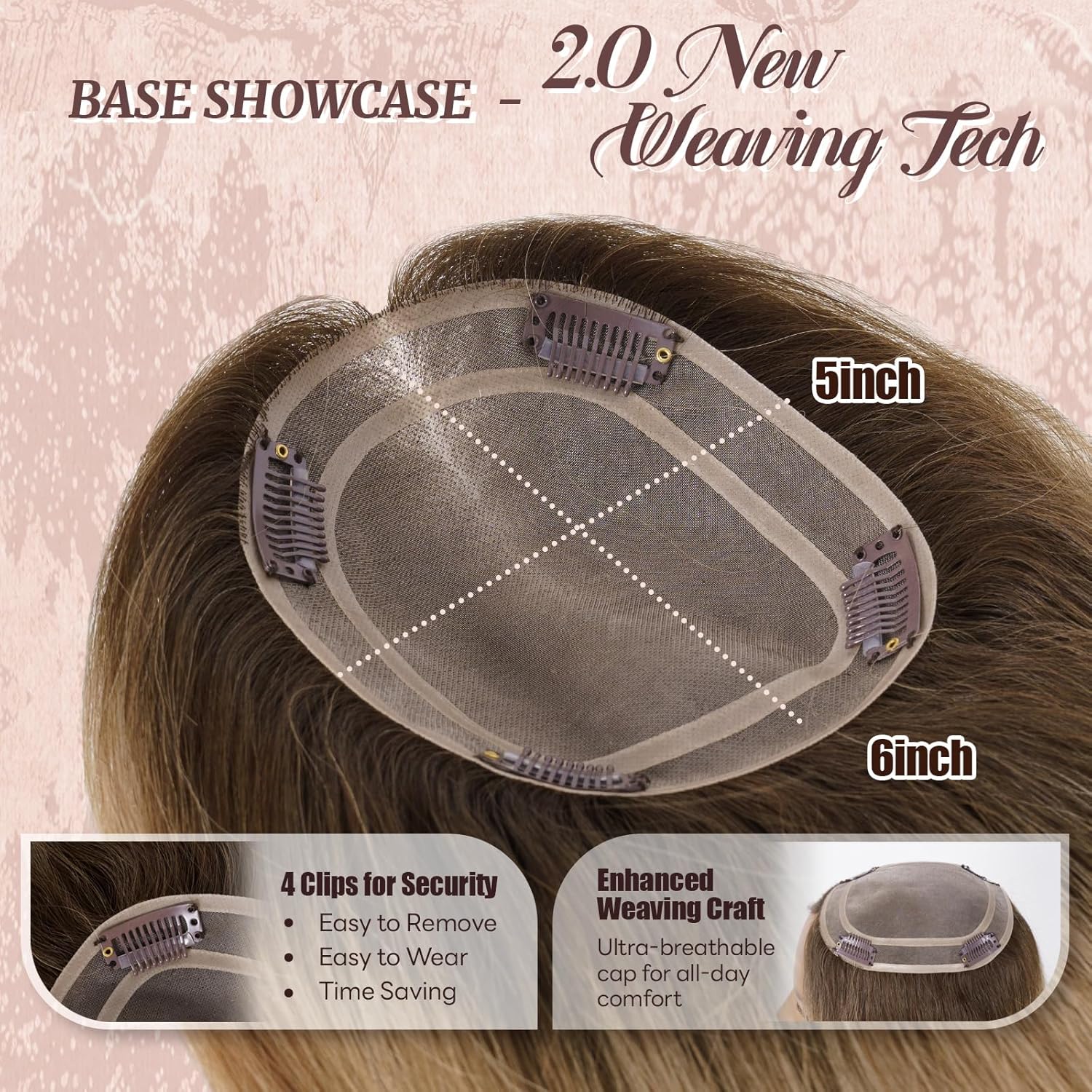 Hair Toppers for Women Real Human Hair Mono Base 5x6 Inch Pure Virgin Hair Topper for Thinning Hair 360° Coverage Hairpieces Hand-stitched No Tangle Clip on Hairtoppers (14 Inch, #B3/9/23)