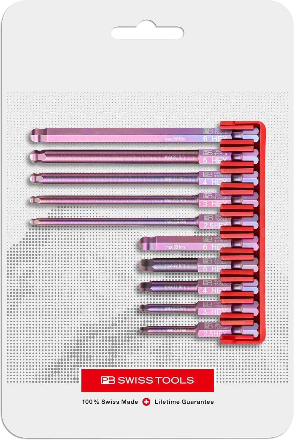 PB Swiss Tools Hex Bit Block PB E6.714 CN | 100% Swiss Made | 10-Piece Bit Set with 10 Long E6 1/4" PrecisionBits and Ball End, Sized 2.5-6 mm
