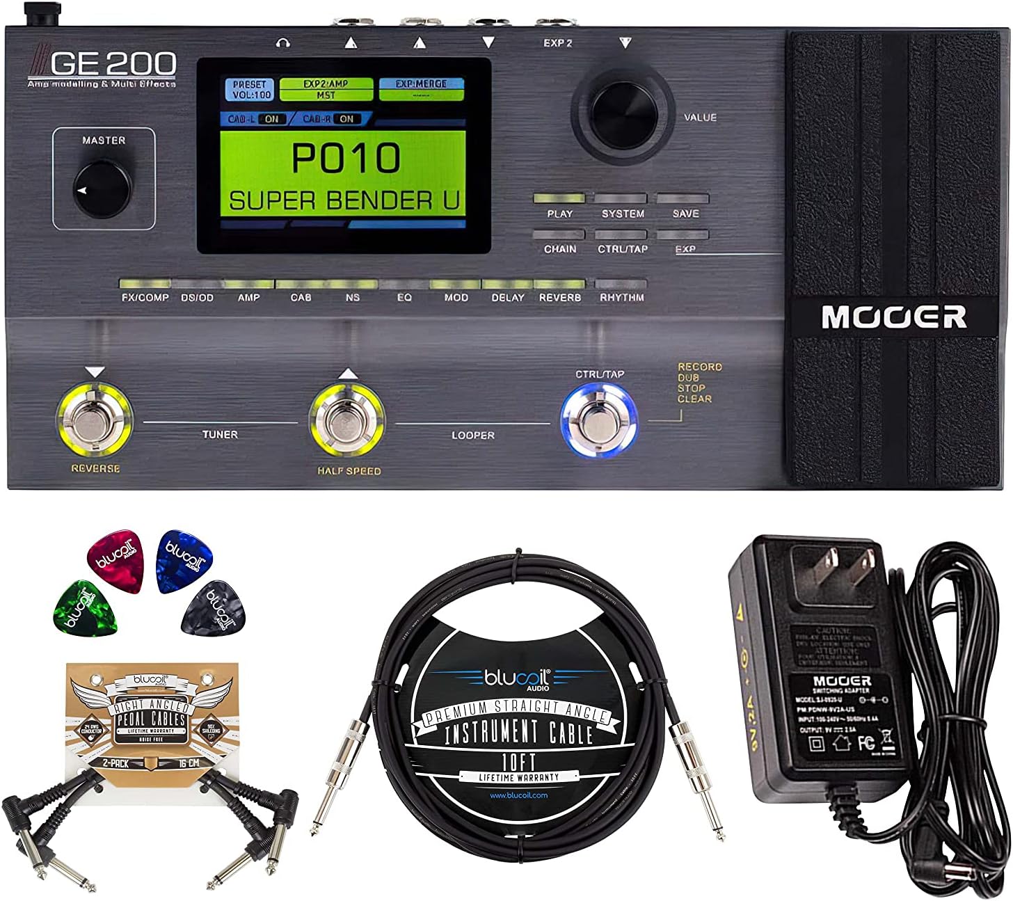 MOOER GE200 Multi Effects Pedal with Amp Modeling Bundle with 9V Power Supply, Blucoil 10-FT Straight Instrument Cable (1/4in), 2-Pack of Pedal Patch Cables, and 4-Pack of Celluloid Guitar Picks
