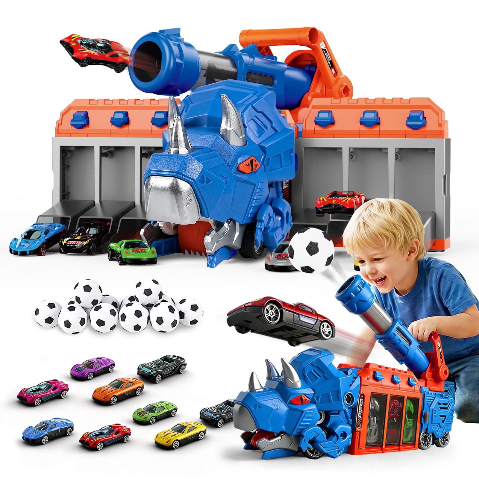 LUCKFUTURE Dinosaur Truck Toy, Blue Triceratops with Projectile Launcher - Shoots Vehicles, Dino Toy Truck with Storage for Children 3-7