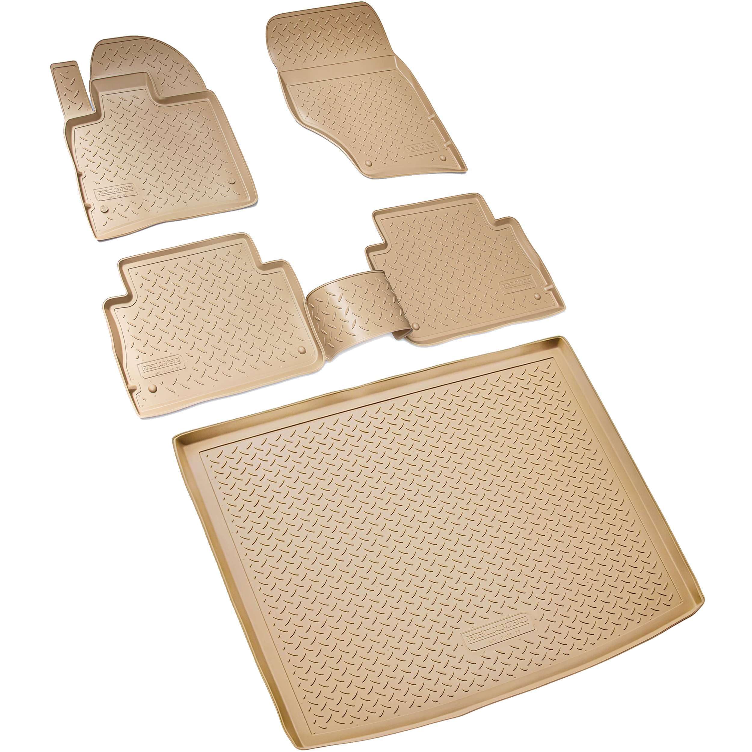 RECAMBO Juego de Alfombrillas de Goma y Bandeja de Maletero para Audi Q7, Tipo 4L, año de fabricación 2005-2015, 100% a Medida, Alfombrillas y Maletero de TPE Antideslizante Color Beige