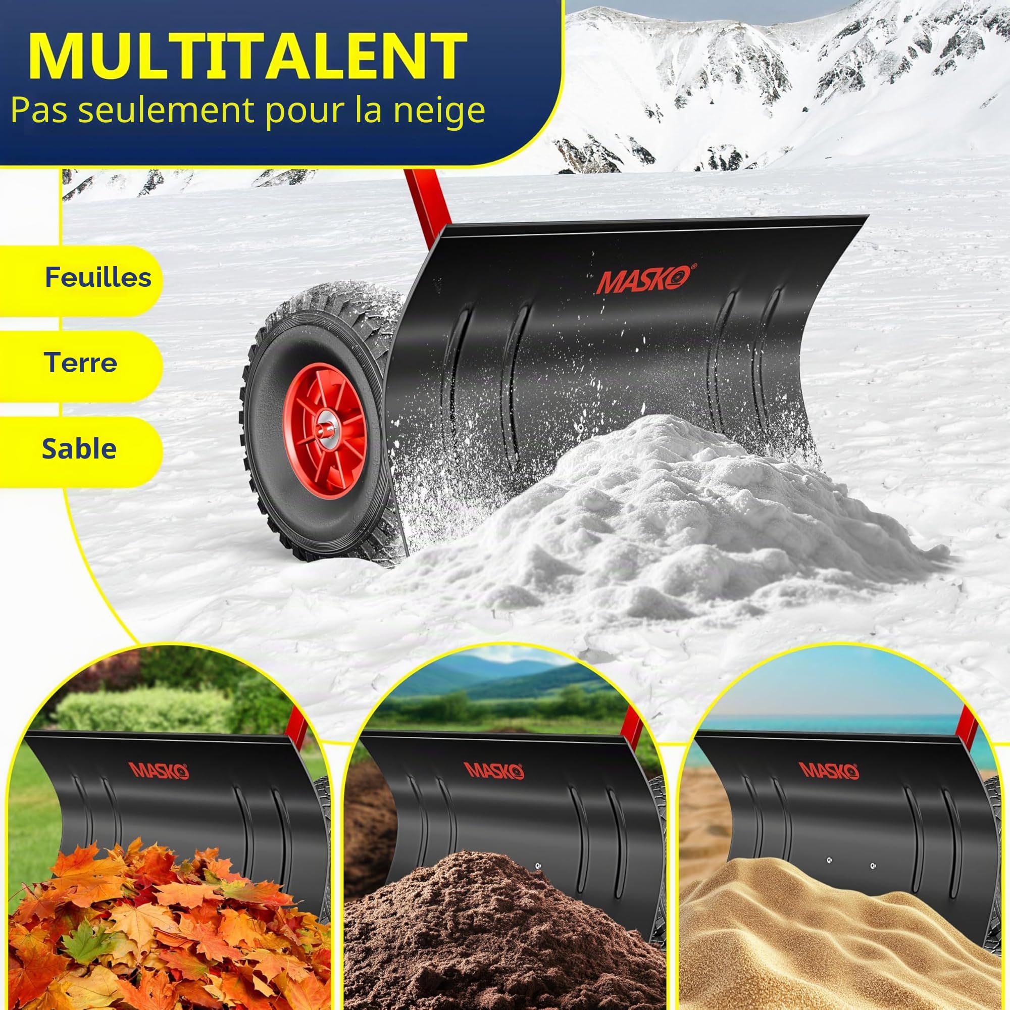 MASKO® Pelle à Neige sur Roues réglable en Hauteur – 5 Positions de Hauteur réglable – Pelle à Neige pour Le Dos – Pelle à Neige – Hauteur de Travail : 42 cm, Pliable pour économiser de l'espace