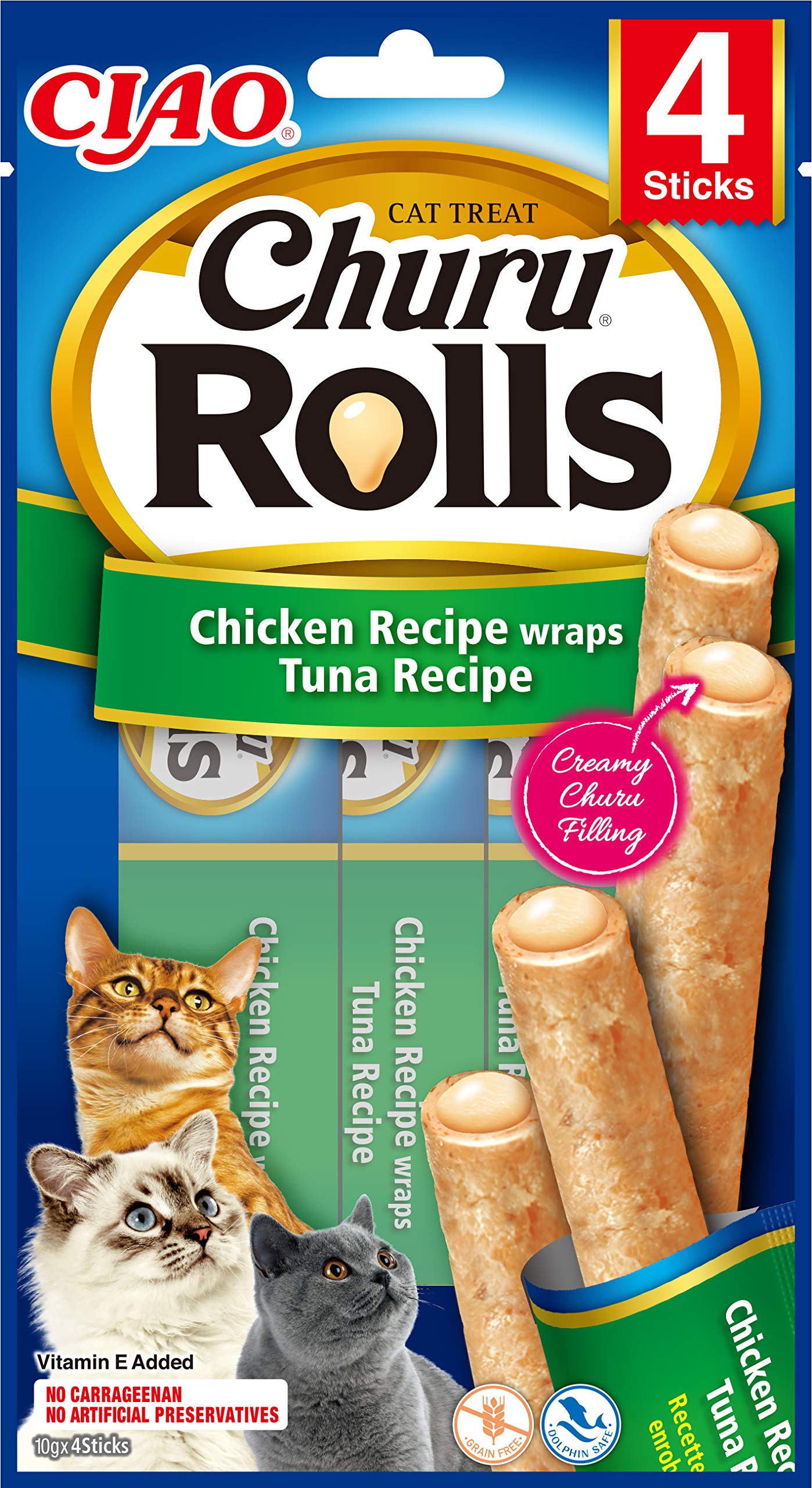 INABA Churu Rolls - smakołyk dla kotów do karmienia z ręki - pyszne przekąski dla kotów z kremowym wypełnieniem - kurczak owinięty tuńczykiem, 40g x (12 sztuk)