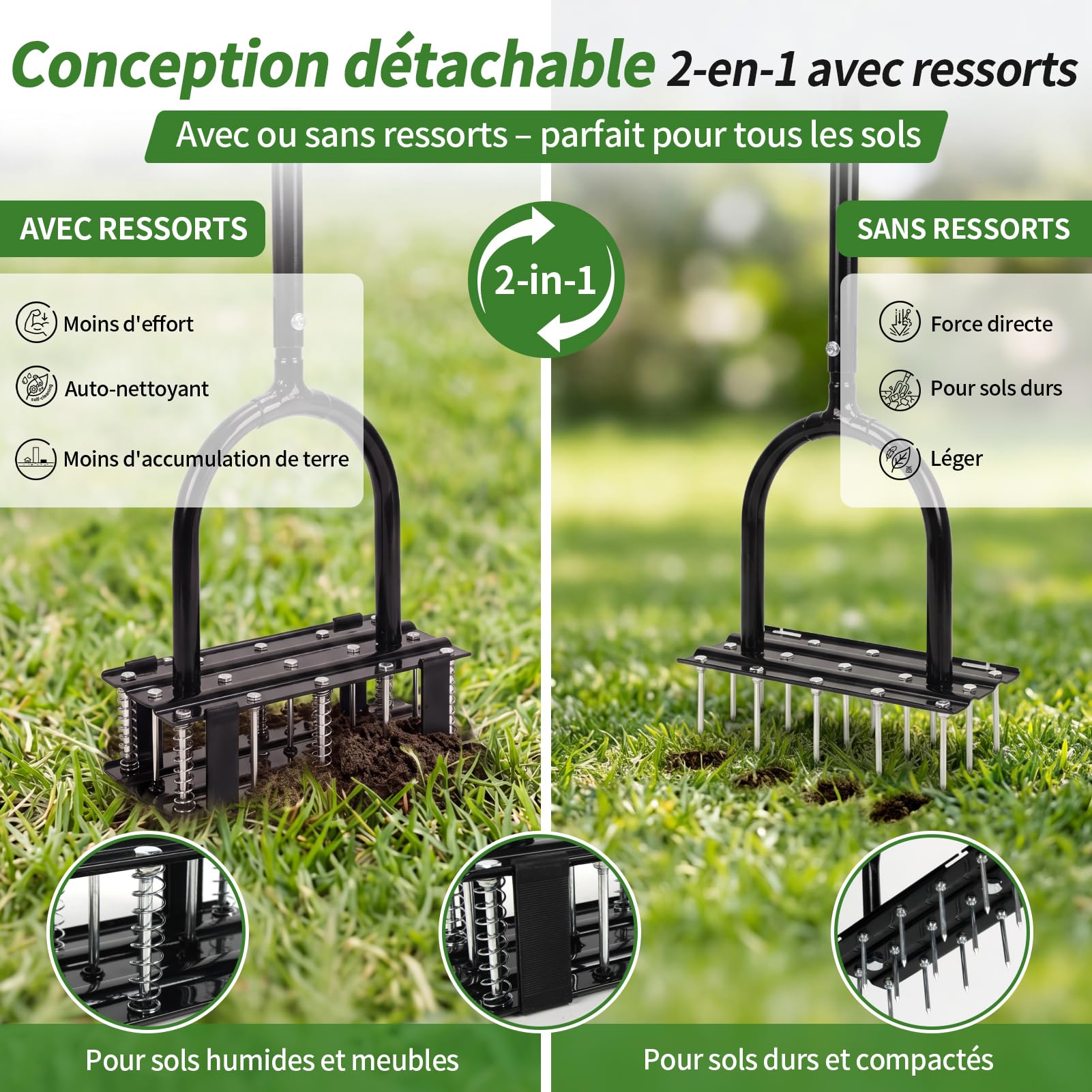 EYMPEU Aérateur de Gazon 15 Pointes Acier, 2-en-1 avec 6 Ressorts, Manuel, 3 hauteurs, pour Petites et Moyennes pelouses.