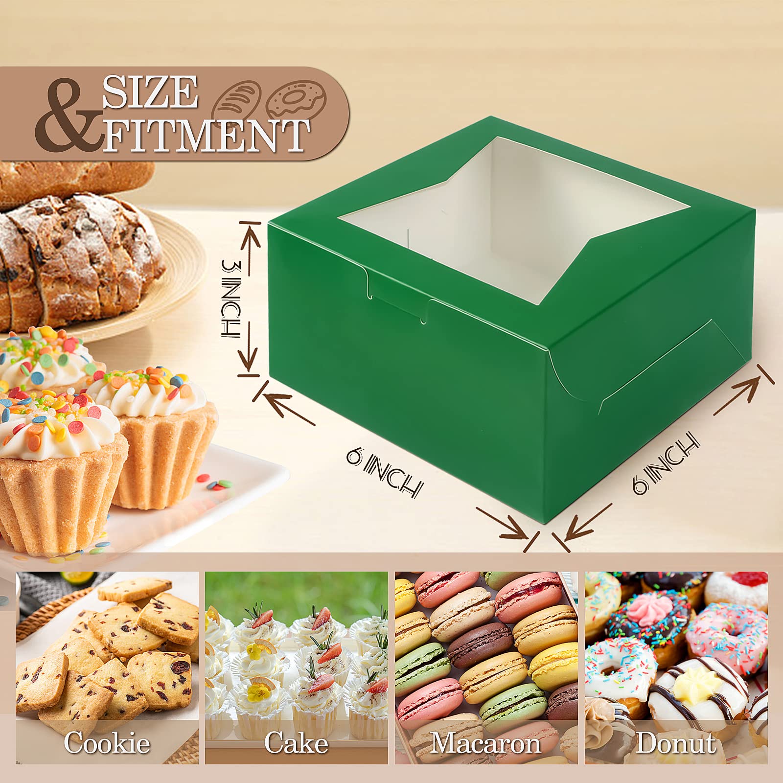 KPOSIYA 65 cajas de panadería con ventana de 6 x 6 x 3 pulgadas, 5 cajas de galletas pequeñas para dulces, postres, pasteles, donas, fiesta de cumpleaños, boda (verde)