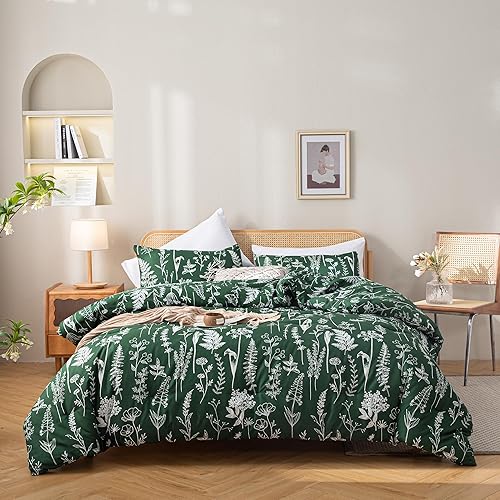Miniatura 5 de Janzaa Funda de edredón tamaño Queen, funda de edredón floral de 3 piezas, verde botánico esmeralda, juego de ropa de cama de microfibra suave con