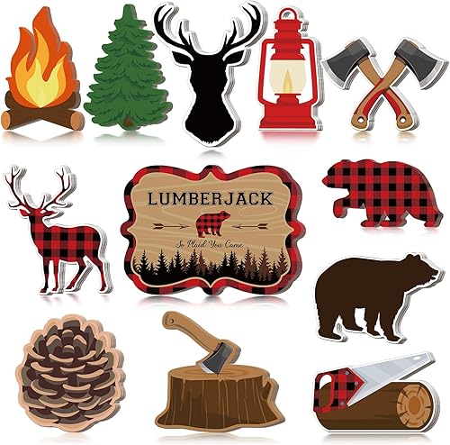 Seajan 60 piezas de tablero de anuncios de fiesta de leñador, decoración de búfalo a cuadros, osos, ciervos, árboles, pinos, hachas, recortes para