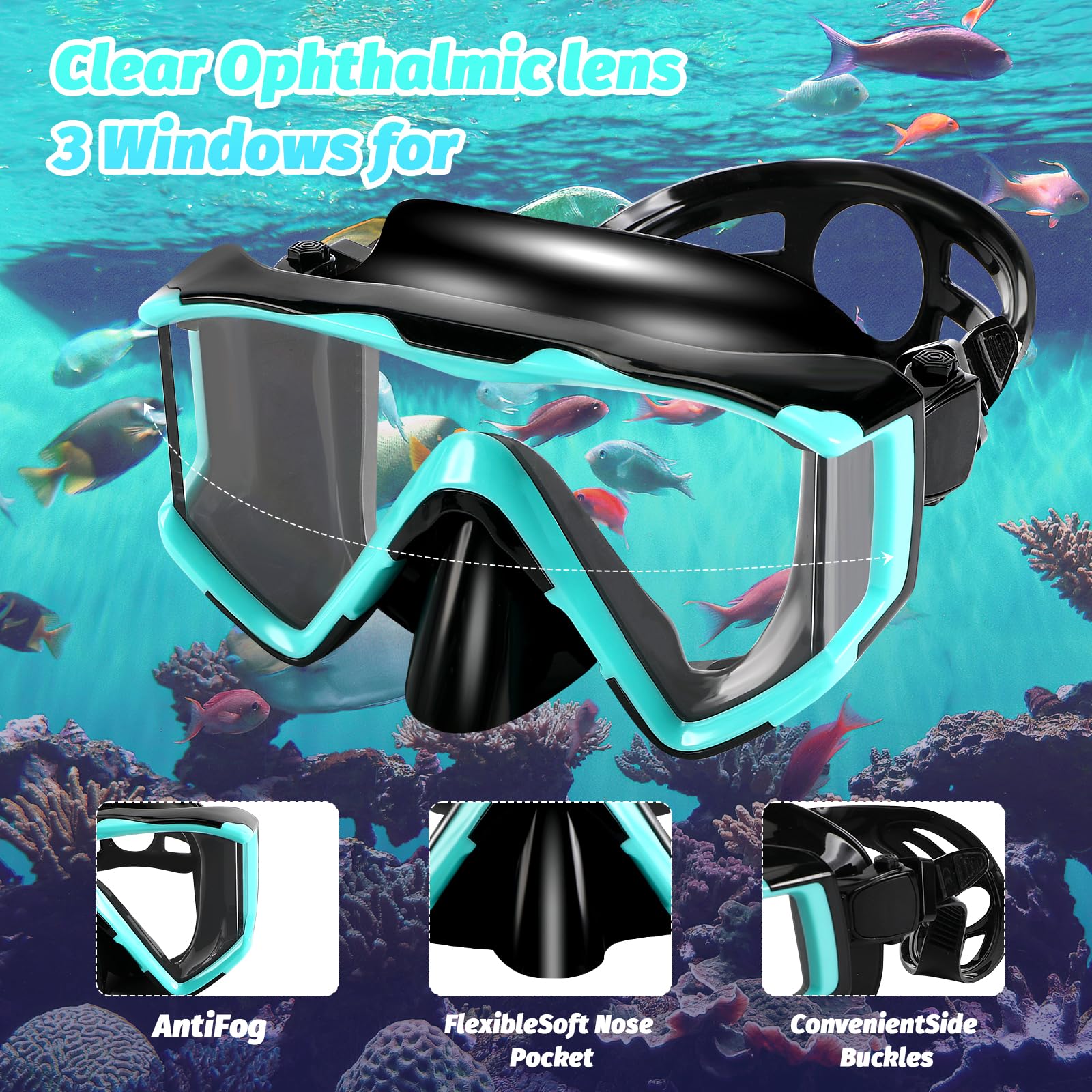 Set per Snorkeling Adulti con Maschera e Boccaglio,Occhialini da Sub panoramici a 180°,Maschera da Snorkeling Antiappannamento e Anti-Perdite,Set da Snorkeling per Snorkeling e Immersioni