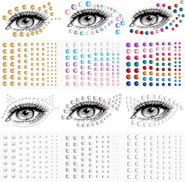 6 Sheets Face Jewelry Rhinestones for Women Face Gems Stick on Eye Forehead Festival Make up Crystals Sticker Rainbow Rhinestones for Halloween Makeup Party Festival Accessory Nail Decoration