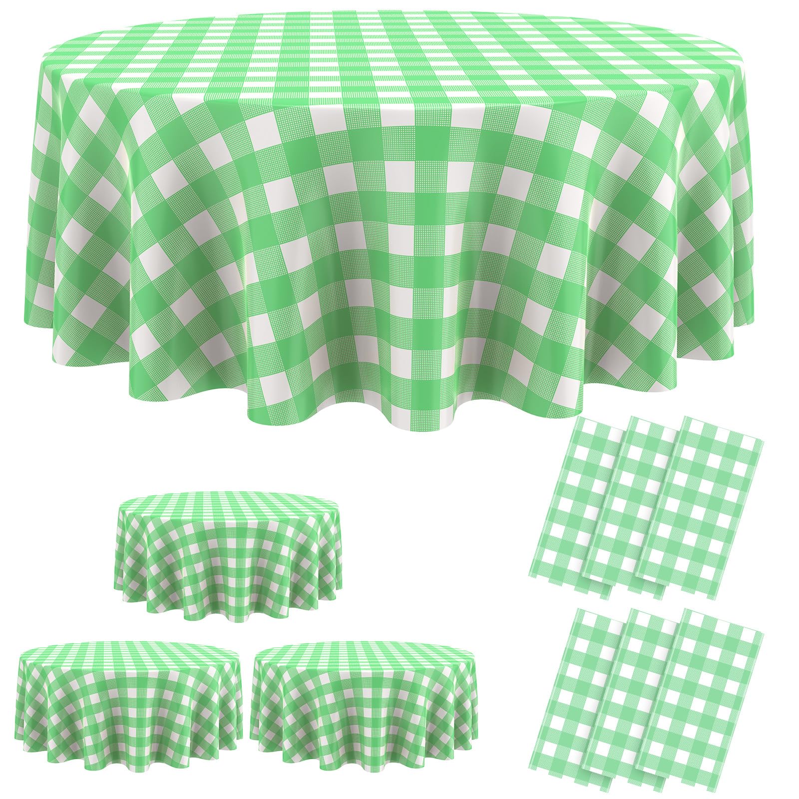 Remagr Disposable Checkered Tablecloth Round Plastic Buffalo Plaid Table Cloth 84'' Gingham Tablecover for Picnic Camping BBQ Graduation Party(Green